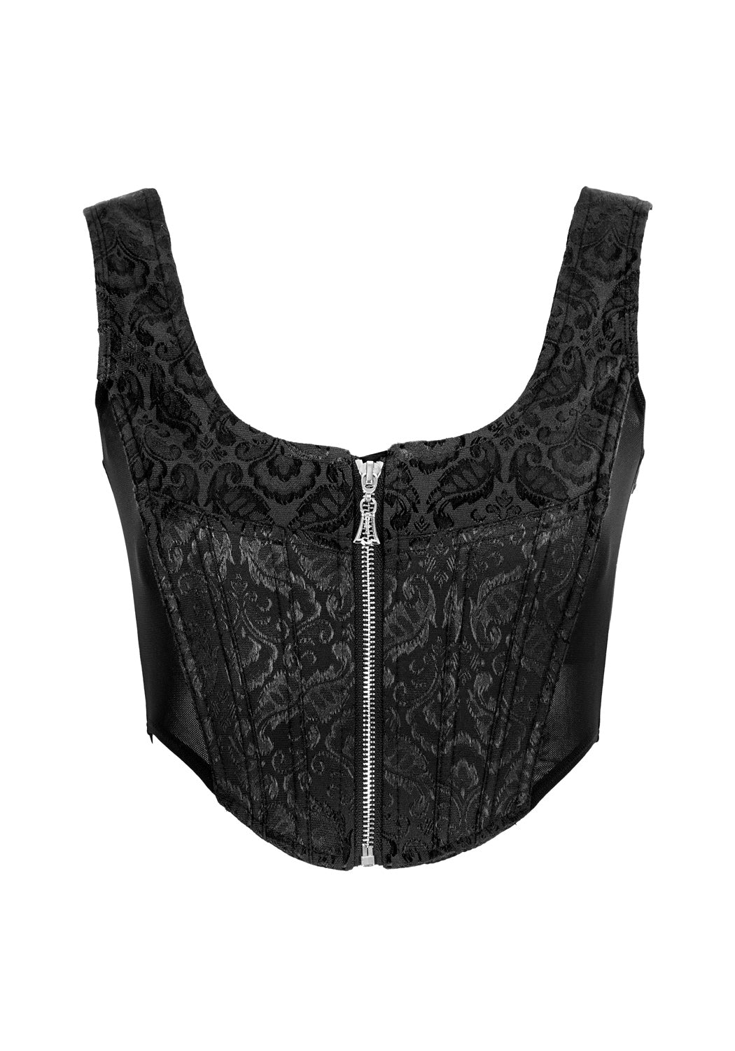 Black Jacquard Corset with Sheer Panels & Silver Zip | Intoxicate
