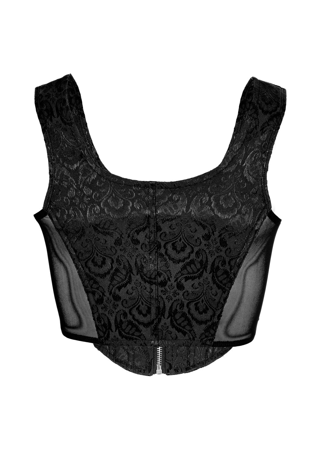 Black Jacquard Corset with Sheer Panels & Silver Zip | Intoxicate