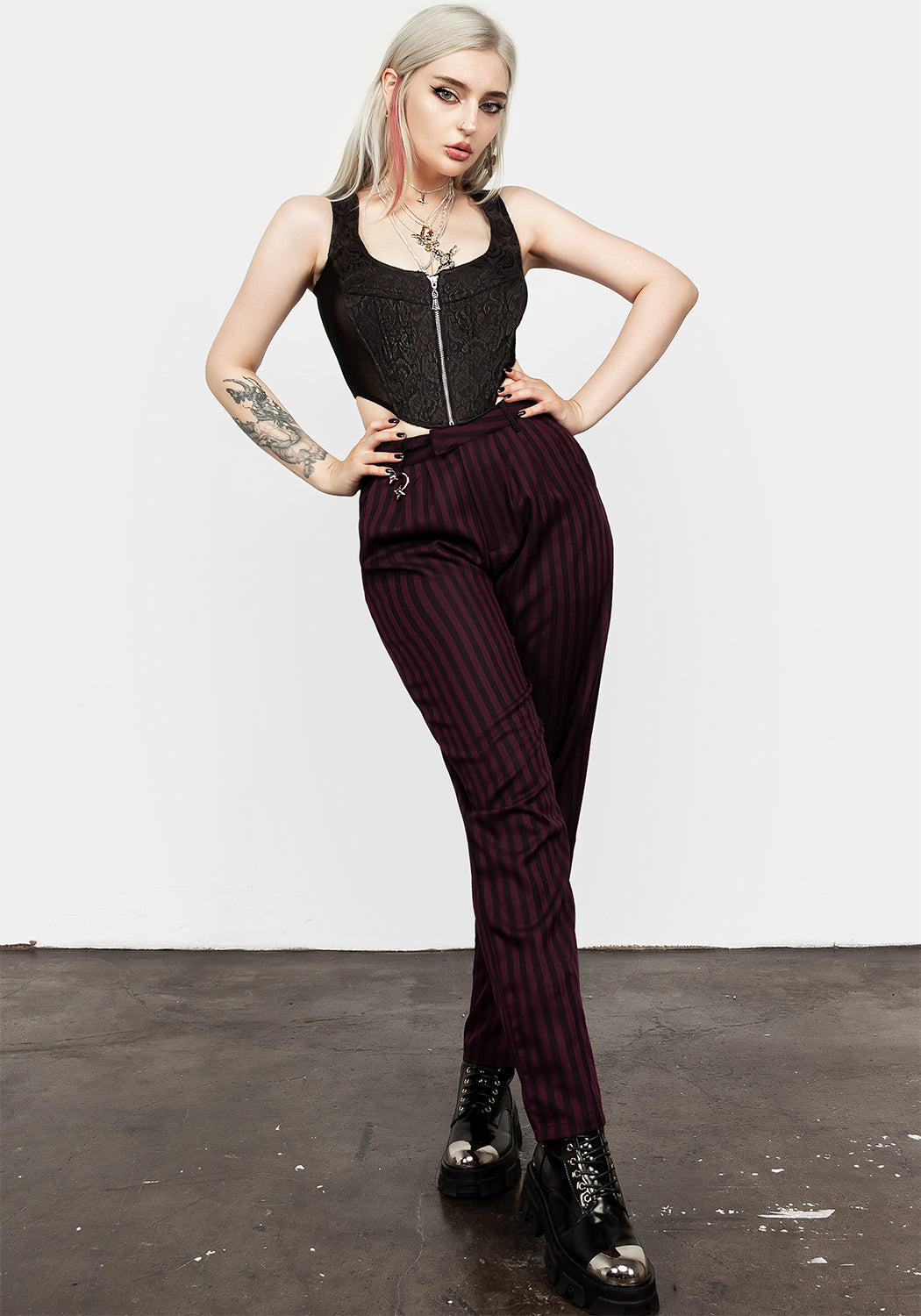 Black Jacquard Corset with Sheer Panels & Silver Zip | Intoxicate