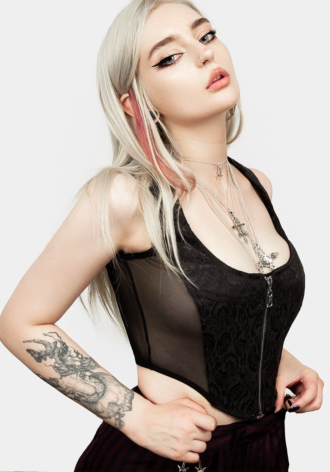 Black Jacquard Corset with Sheer Panels & Silver Zip | Intoxicate
