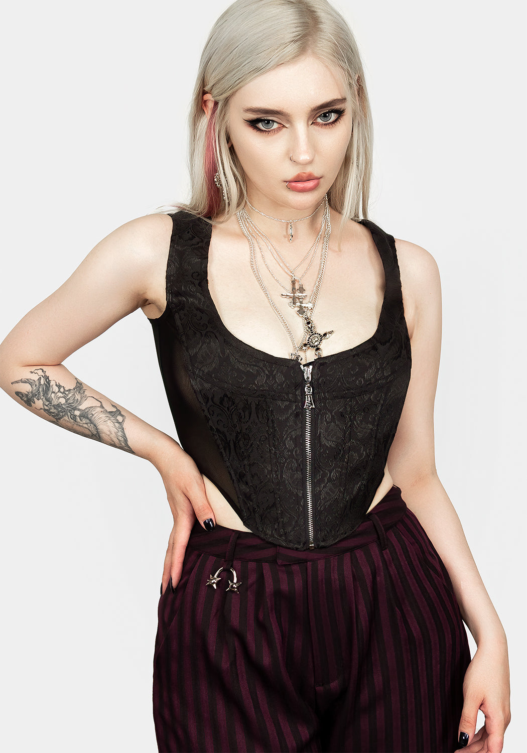Black Jacquard Corset with Sheer Panels & Silver Zip | Intoxicate