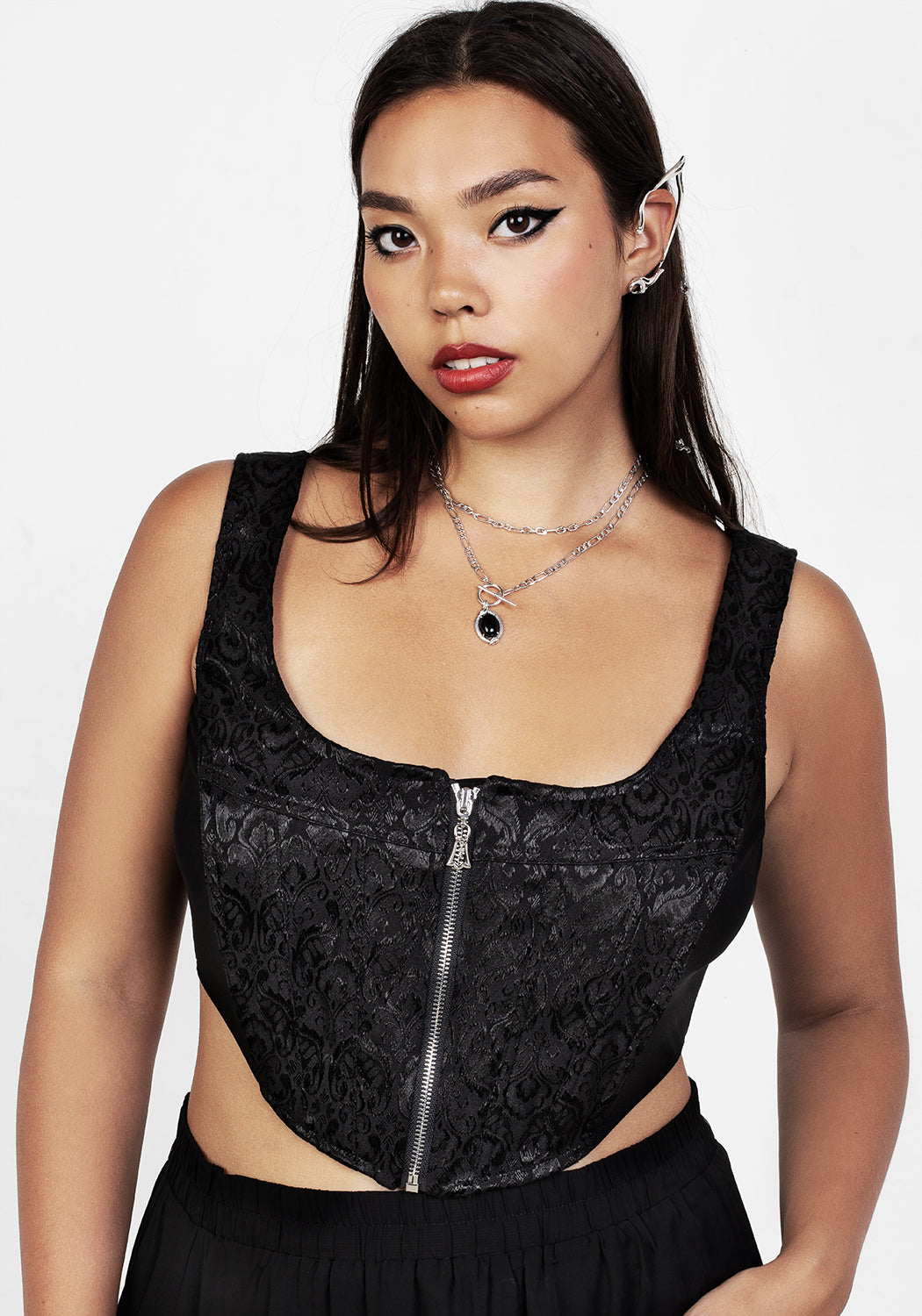 Black Jacquard Corset with Sheer Panels & Silver Zip | Intoxicate