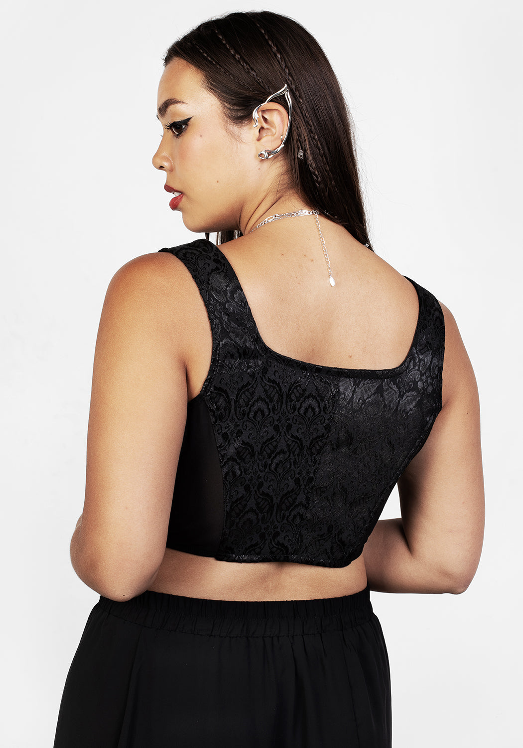 Black Jacquard Corset with Sheer Panels & Silver Zip | Intoxicate