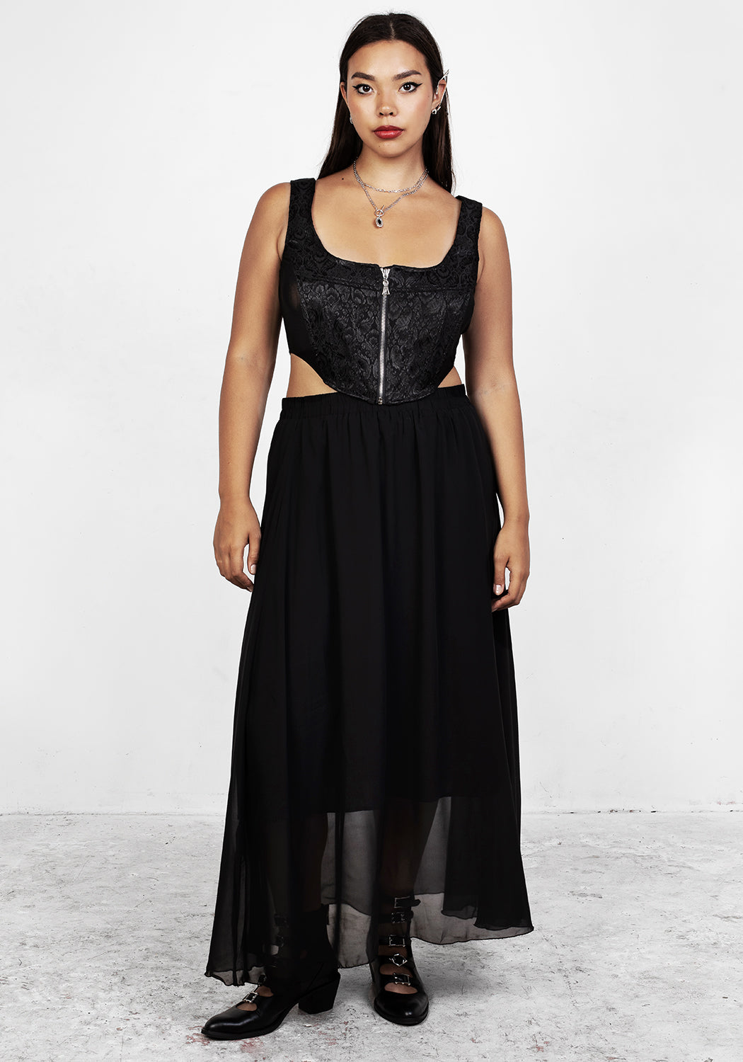 Black Jacquard Corset with Sheer Panels & Silver Zip | Intoxicate