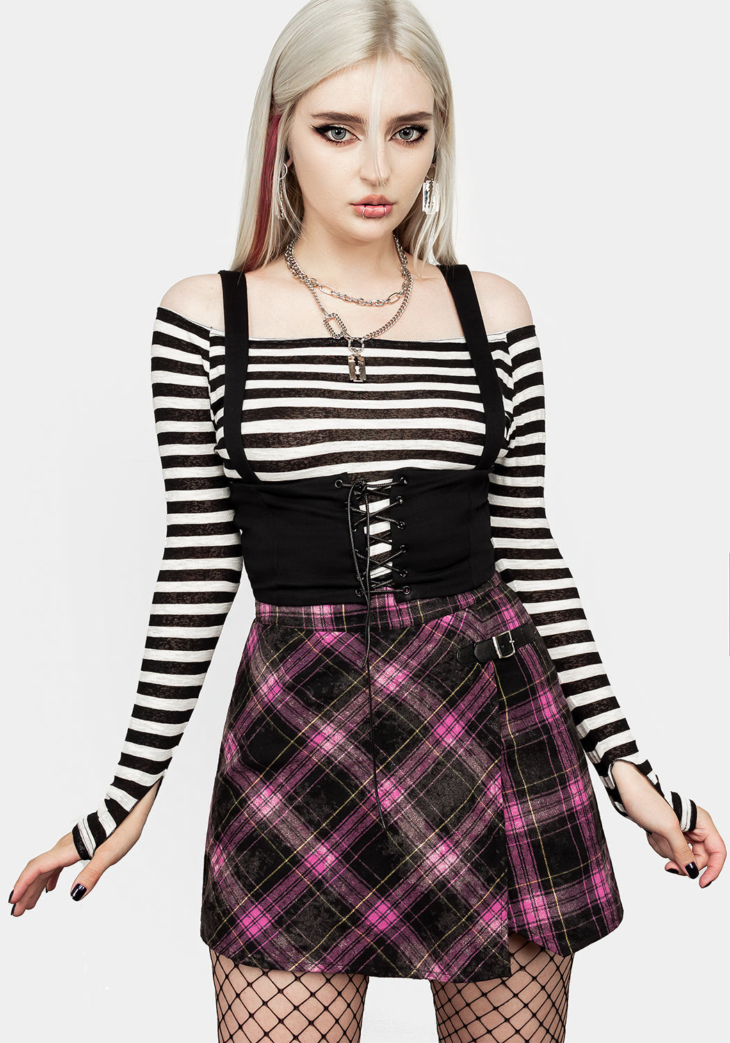 Pink & Black Check Mini Kilt Skirt with Faux Leather Buckle | Crush