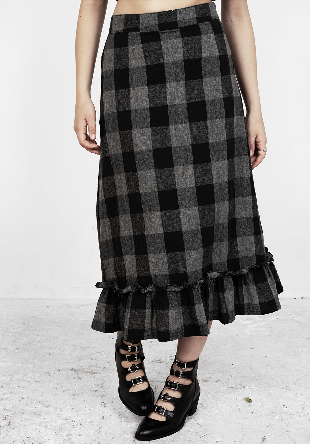 Black & Grey Check Midi Skirt with Tiered Hemline | Nyctophilia