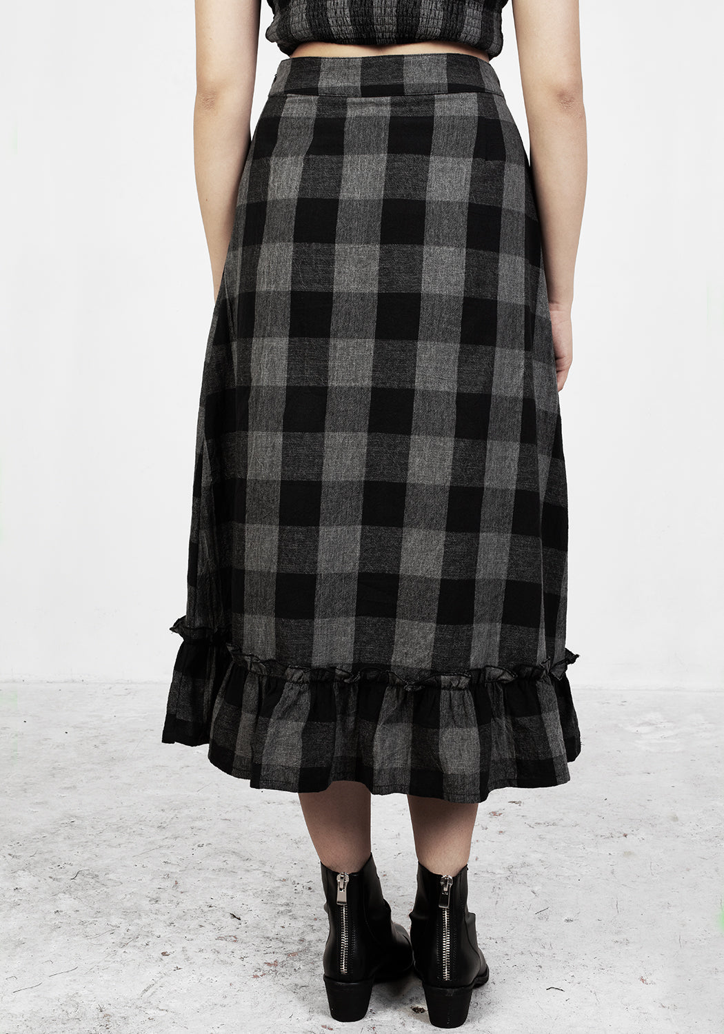 Black & Grey Check Midi Skirt with Tiered Hemline | Nyctophilia