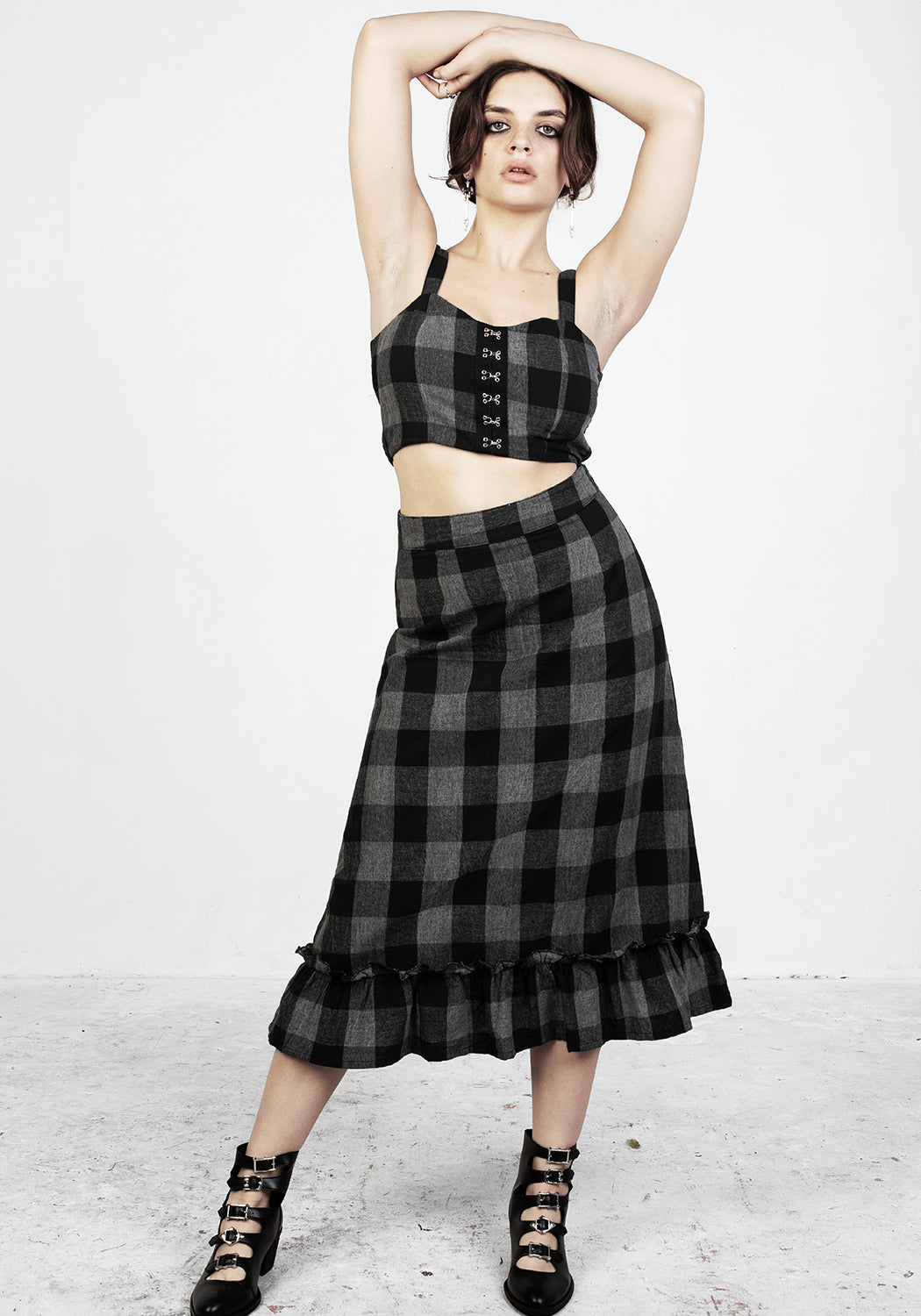 Black & Grey Check Midi Skirt with Tiered Hemline | Nyctophilia