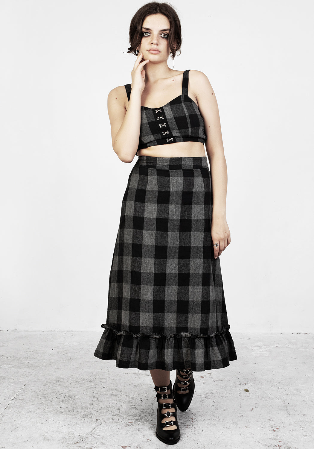Black & Grey Check Midi Skirt with Tiered Hemline | Nyctophilia