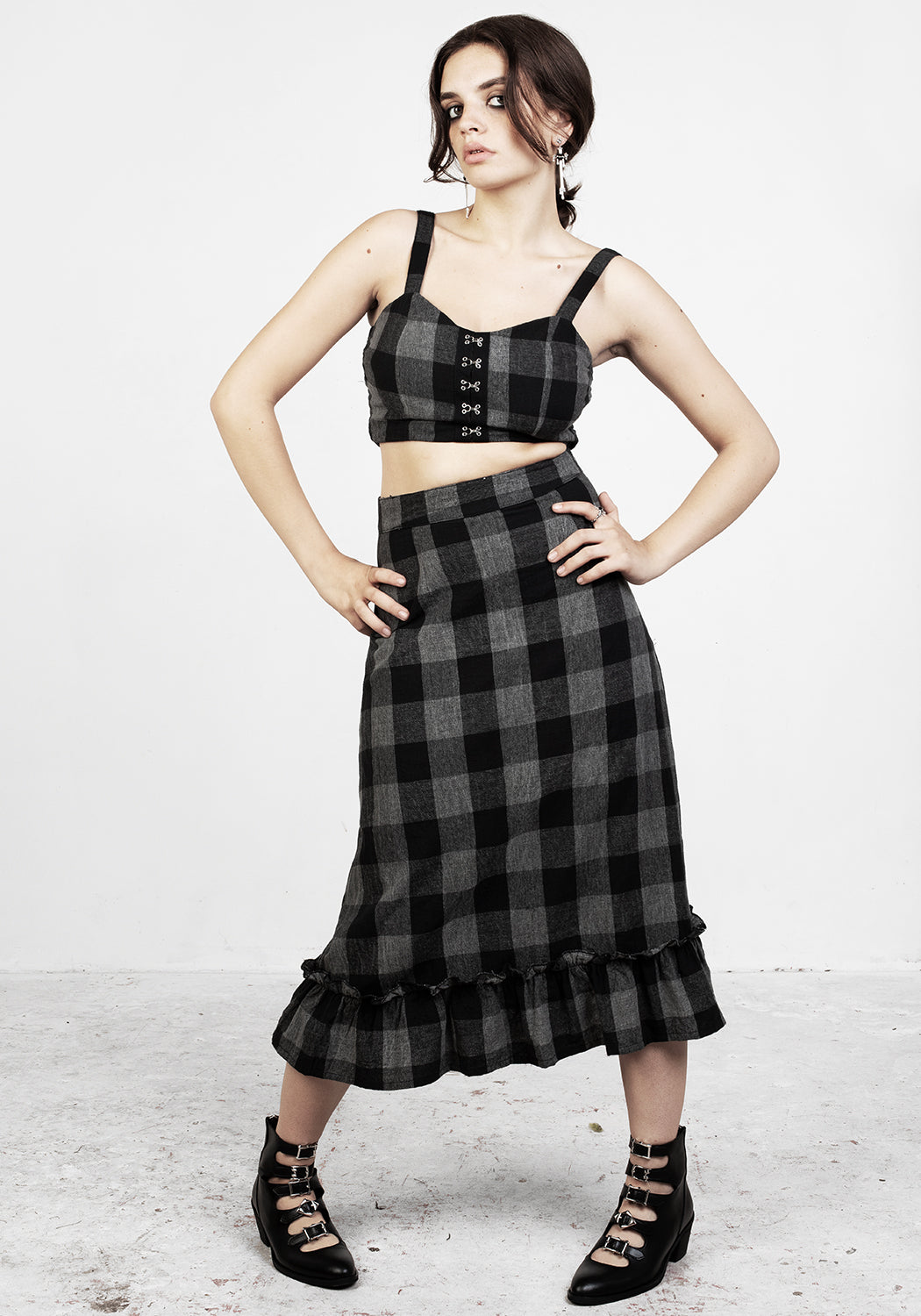 Black & Grey Check Midi Skirt with Tiered Hemline | Nyctophilia