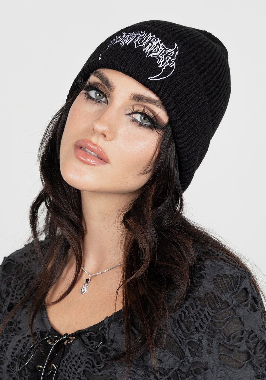 Black Embroidered Beanie with Death Metal Branding | Distorted Disturbia