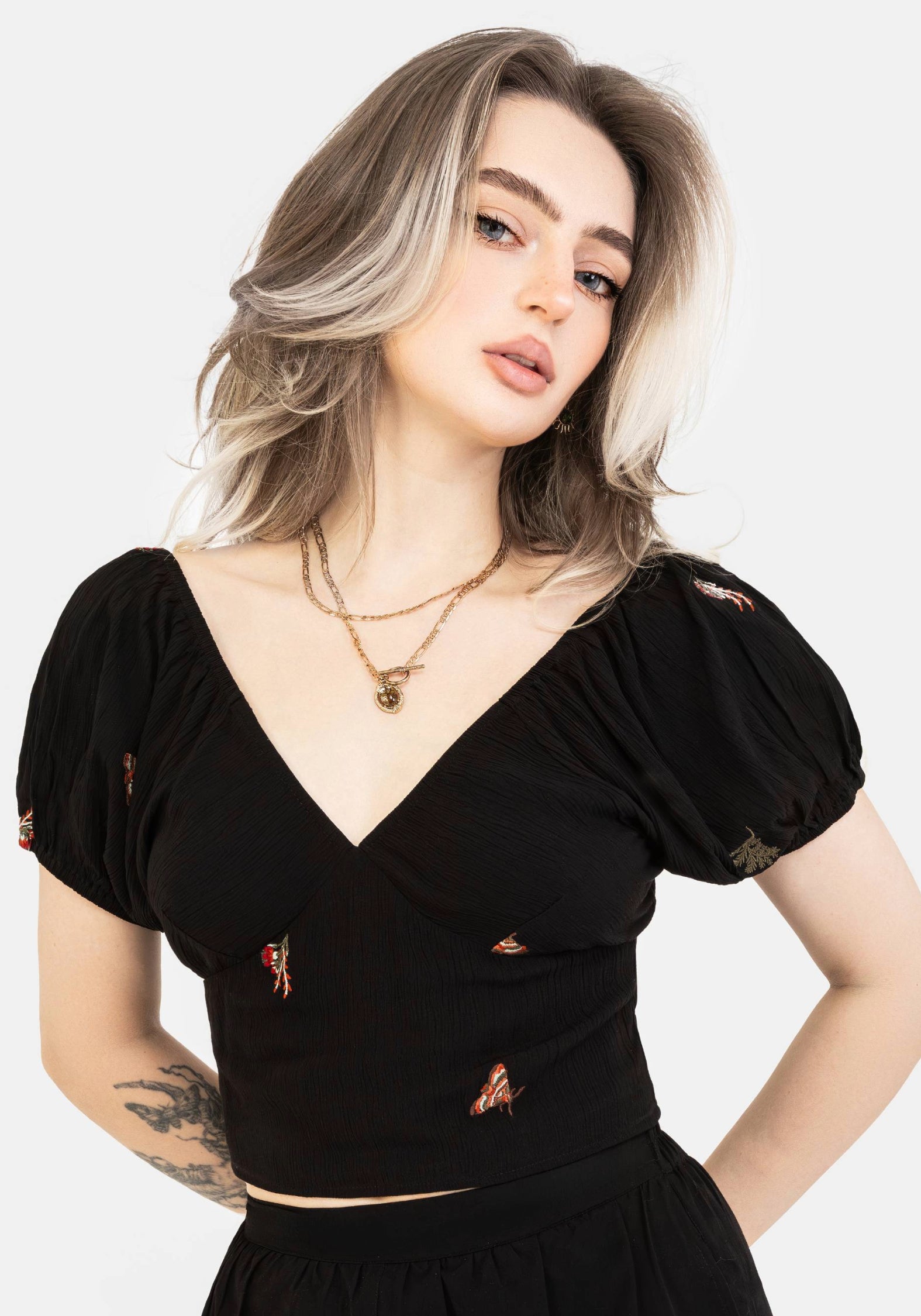 Moth Embroidered Puff Sleeve Top | Cropped V-Neck Cotton Blouse