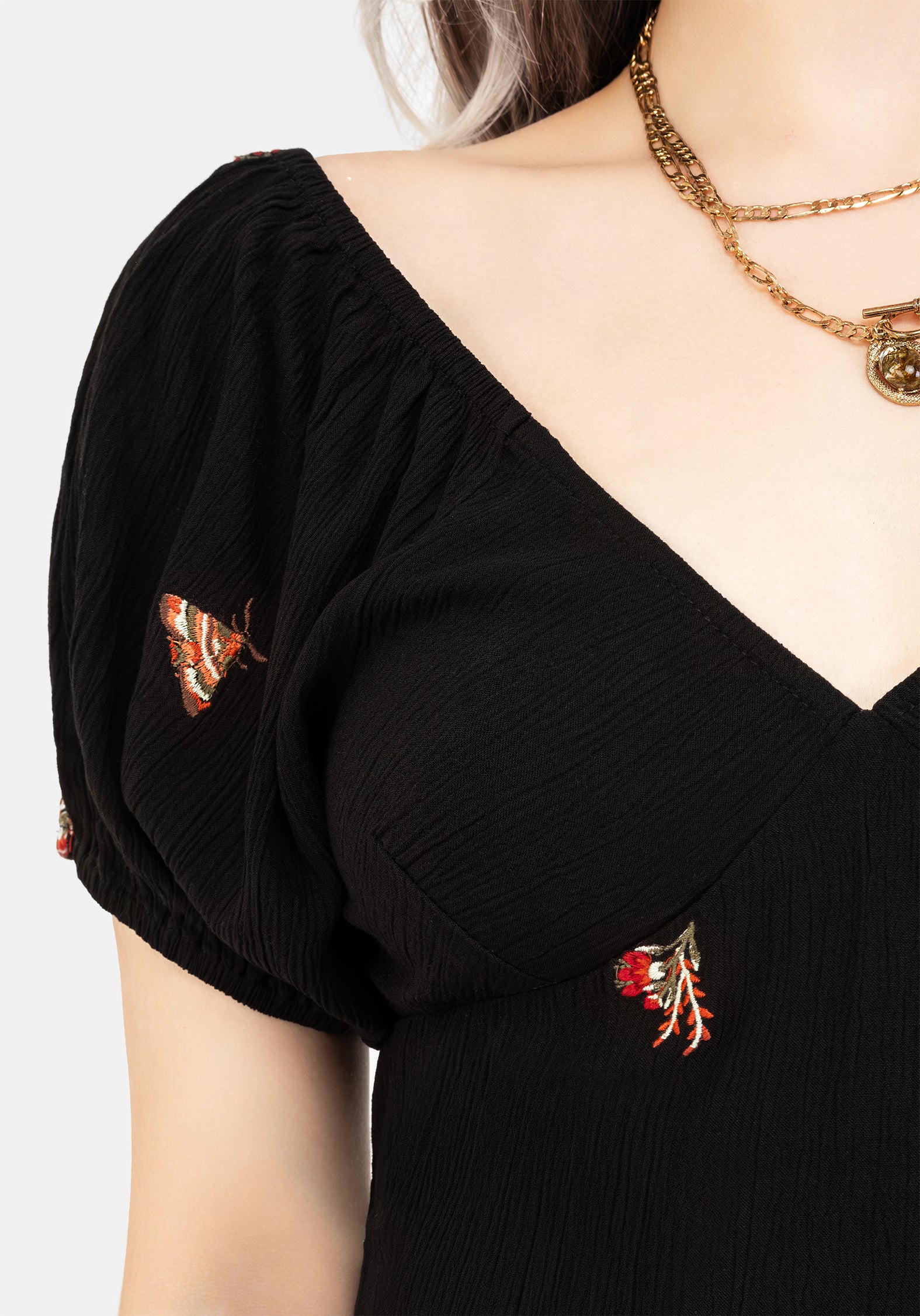 Moth Embroidered Puff Sleeve Top | Cropped V-Neck Cotton Blouse