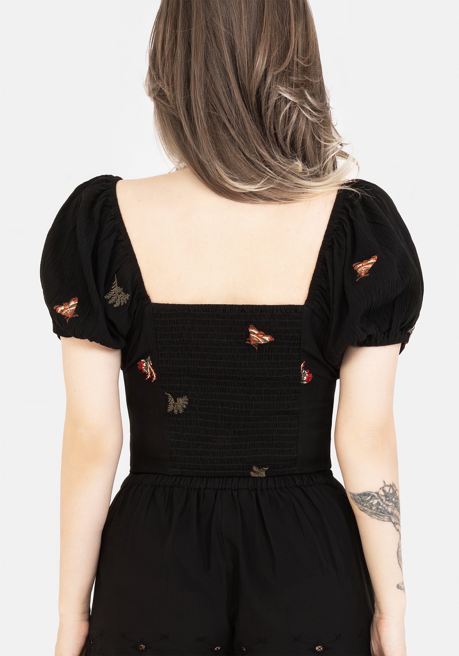 Moth Embroidered Puff Sleeve Top | Cropped V-Neck Cotton Blouse