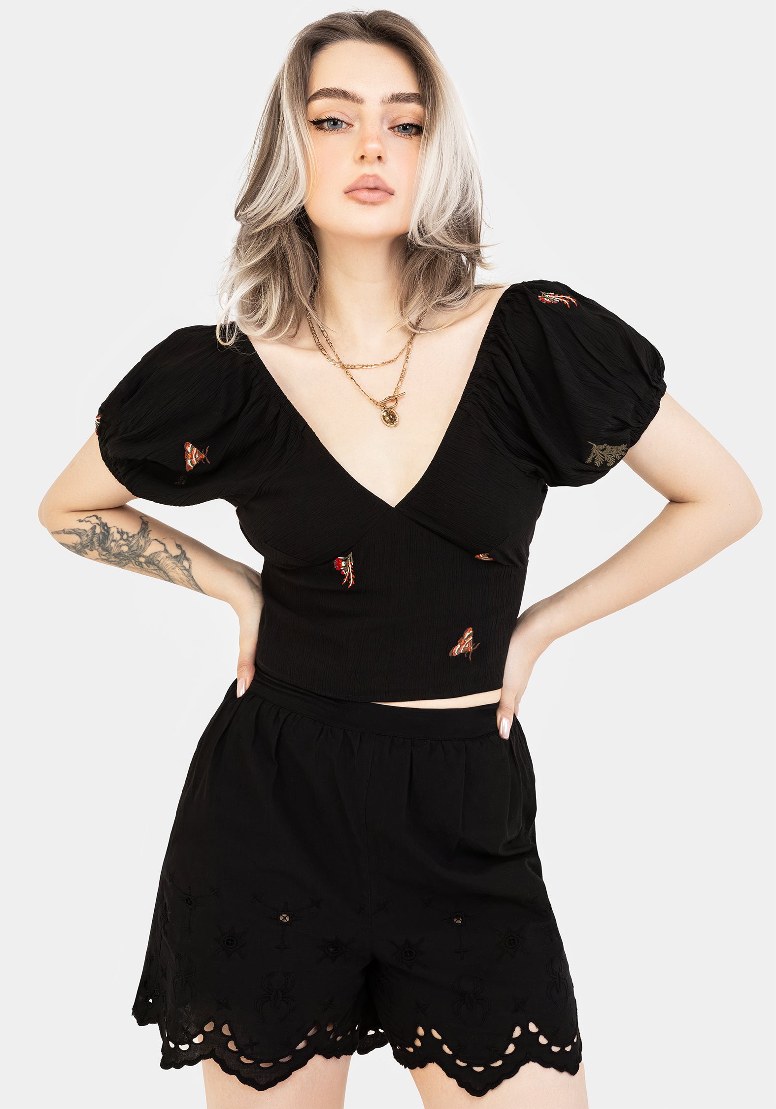 Moth Embroidered Puff Sleeve Top | Cropped V-Neck Cotton Blouse