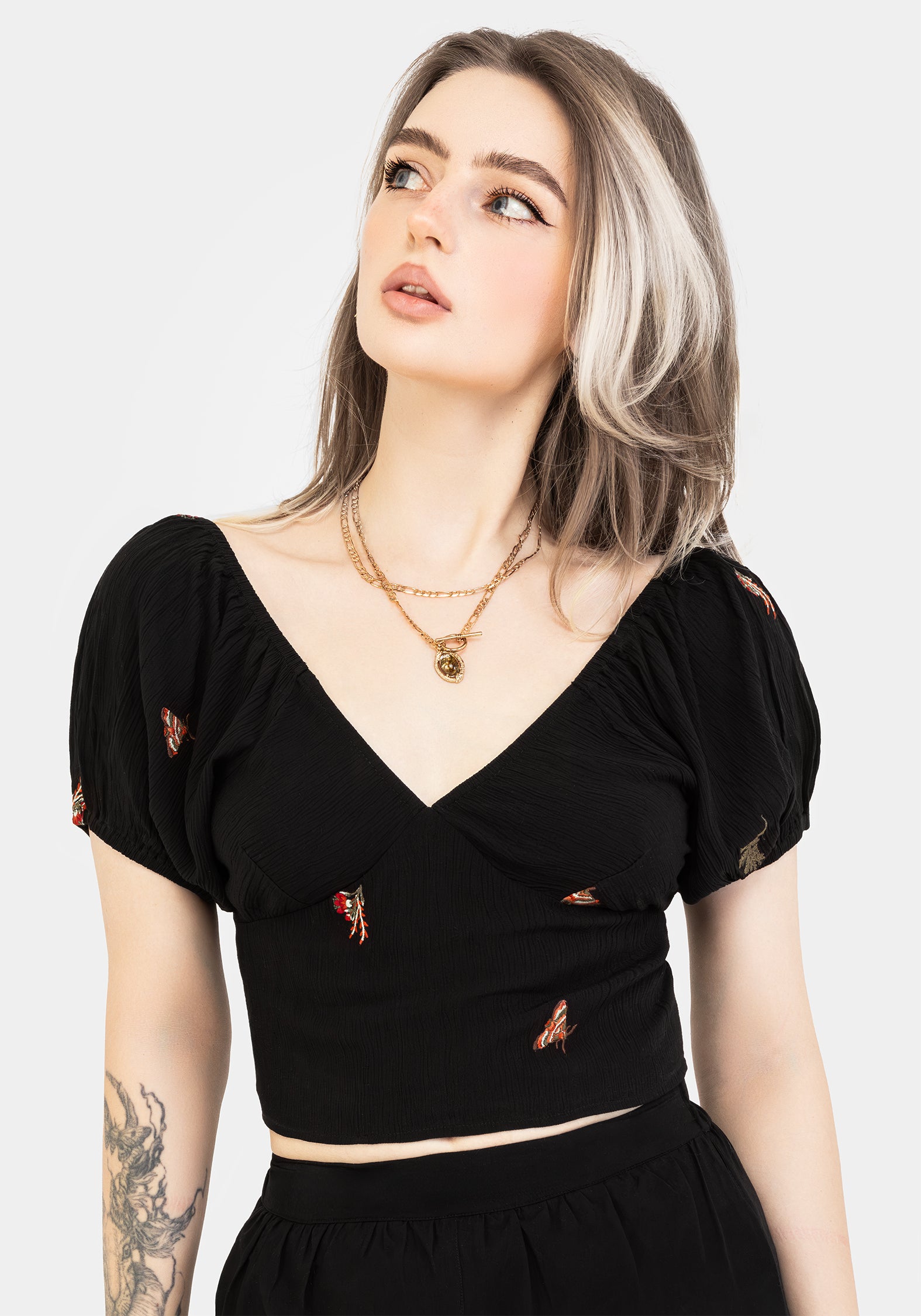 Moth Embroidered Puff Sleeve Top | Cropped V-Neck Cotton Blouse
