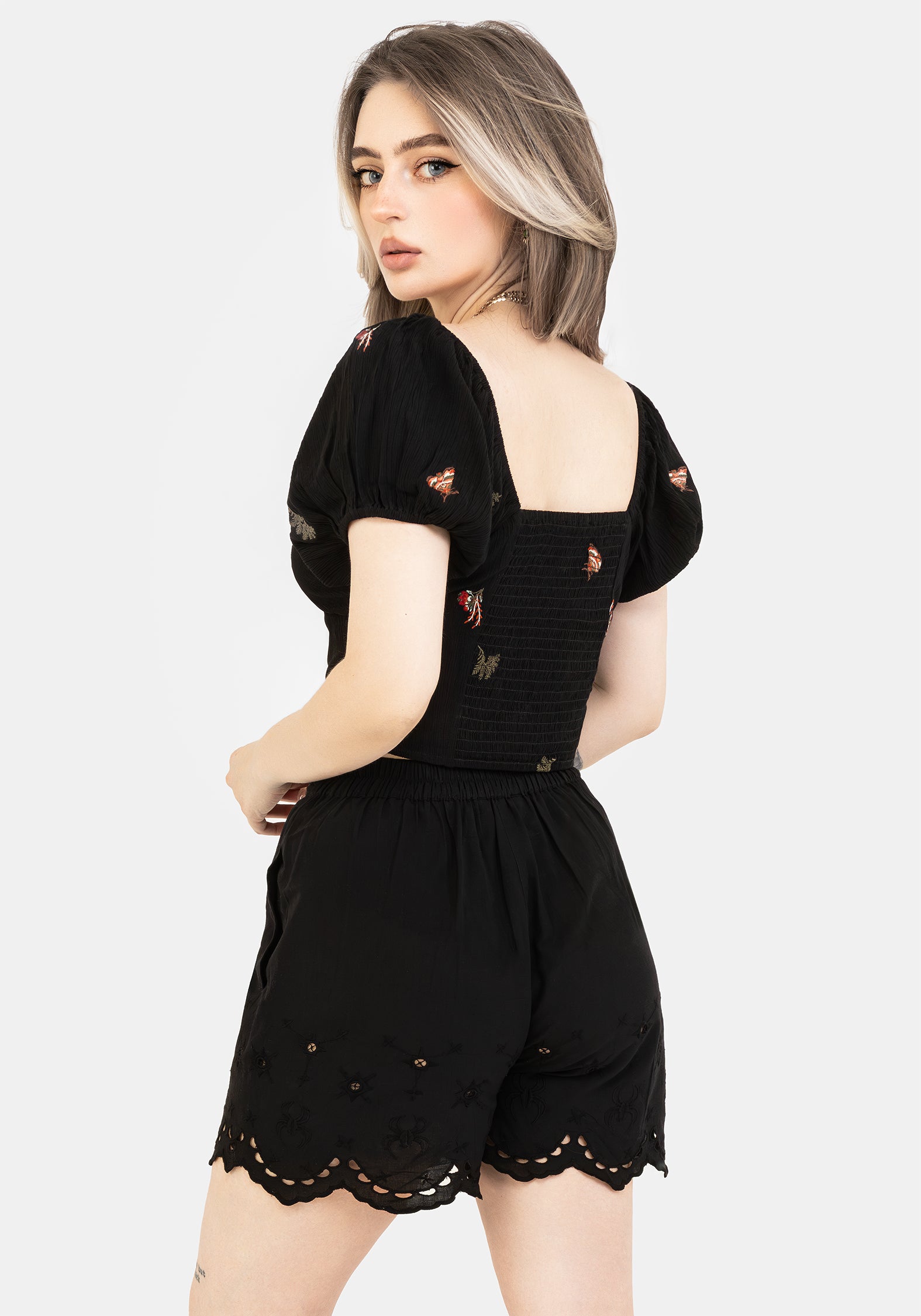 Moth Embroidered Puff Sleeve Top | Cropped V-Neck Cotton Blouse
