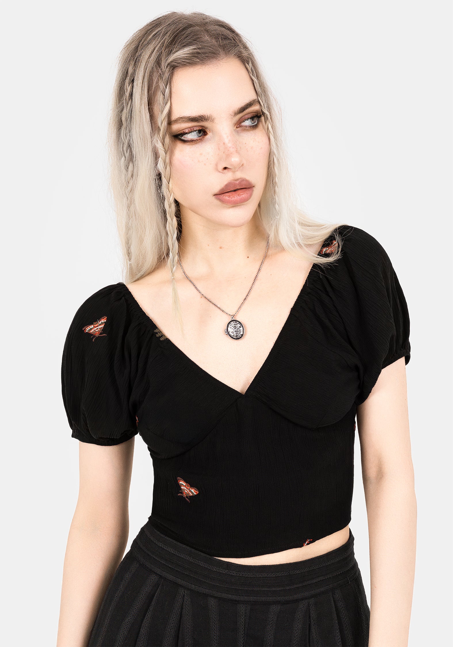 Moth Embroidered Puff Sleeve Top | Cropped V-Neck Cotton Blouse
