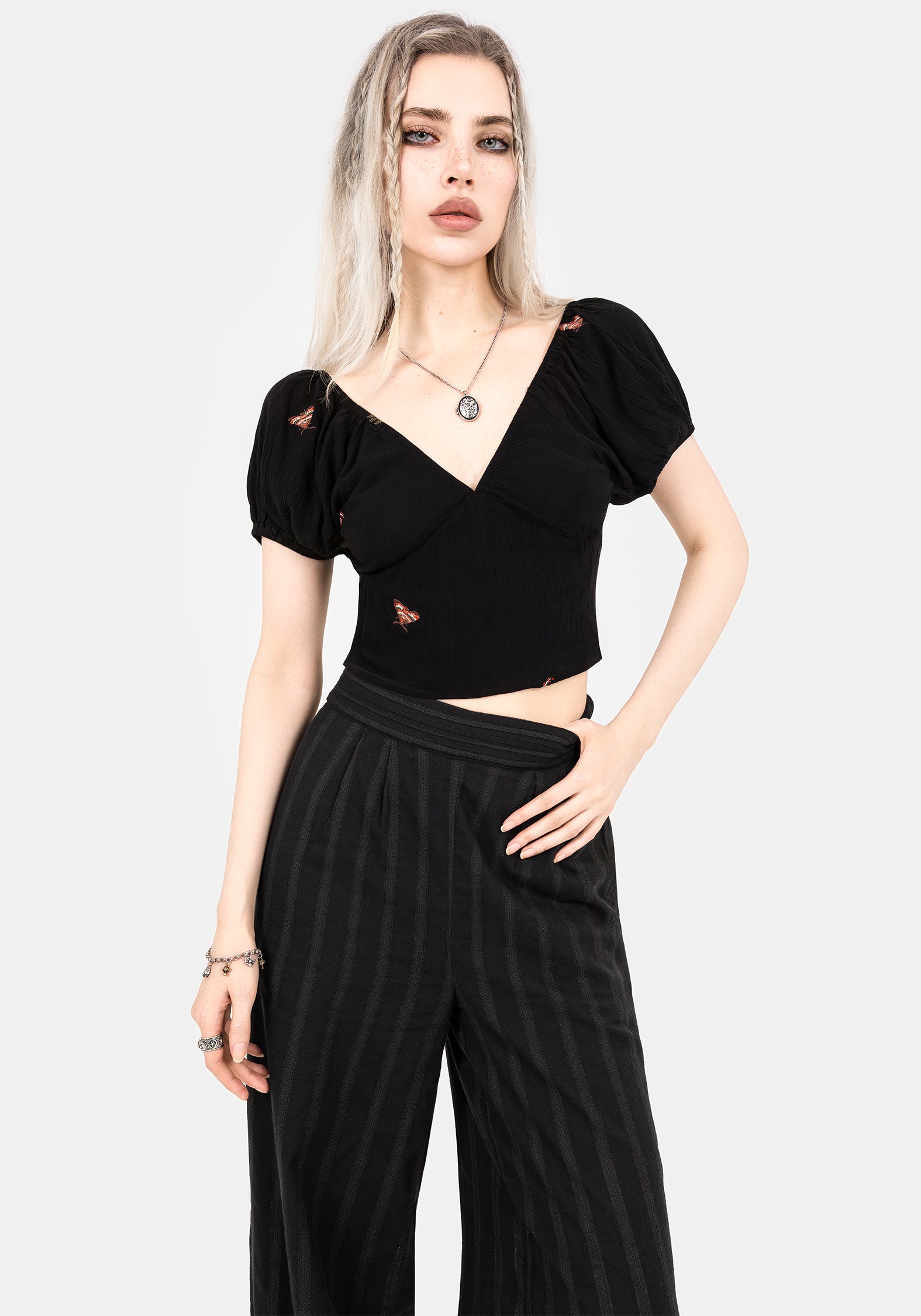 Moth Embroidered Puff Sleeve Top | Cropped V-Neck Cotton Blouse