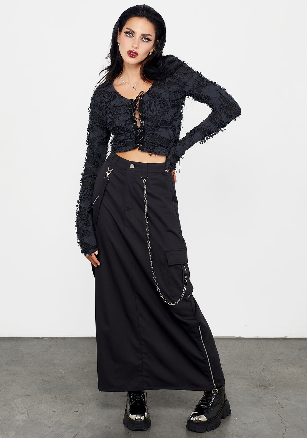 Distressed Lace-Up Crop Top with V-Neck & Long Sleeves