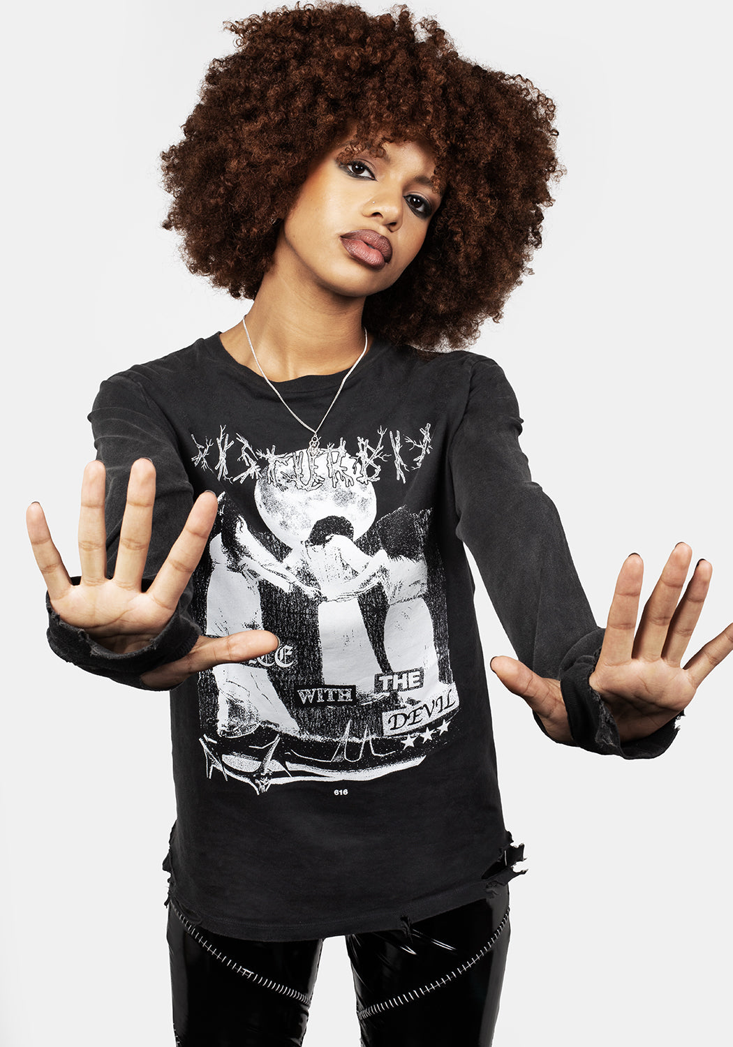 Distressed Graphic Long Sleeve T-Shirt with Occult Print | Dance with the Devil