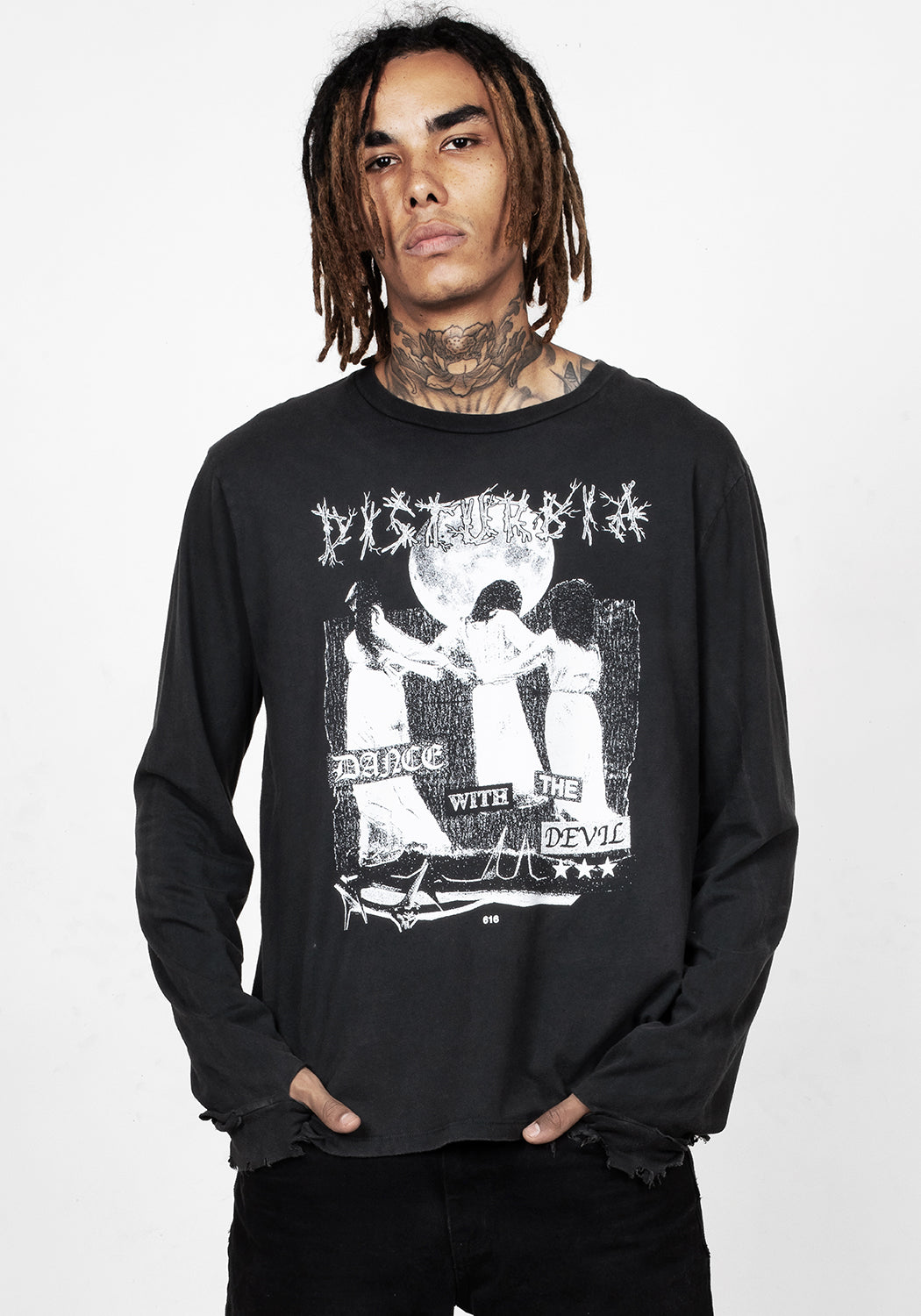 Distressed Graphic Long Sleeve T-Shirt with Occult Print | Dance with the Devil