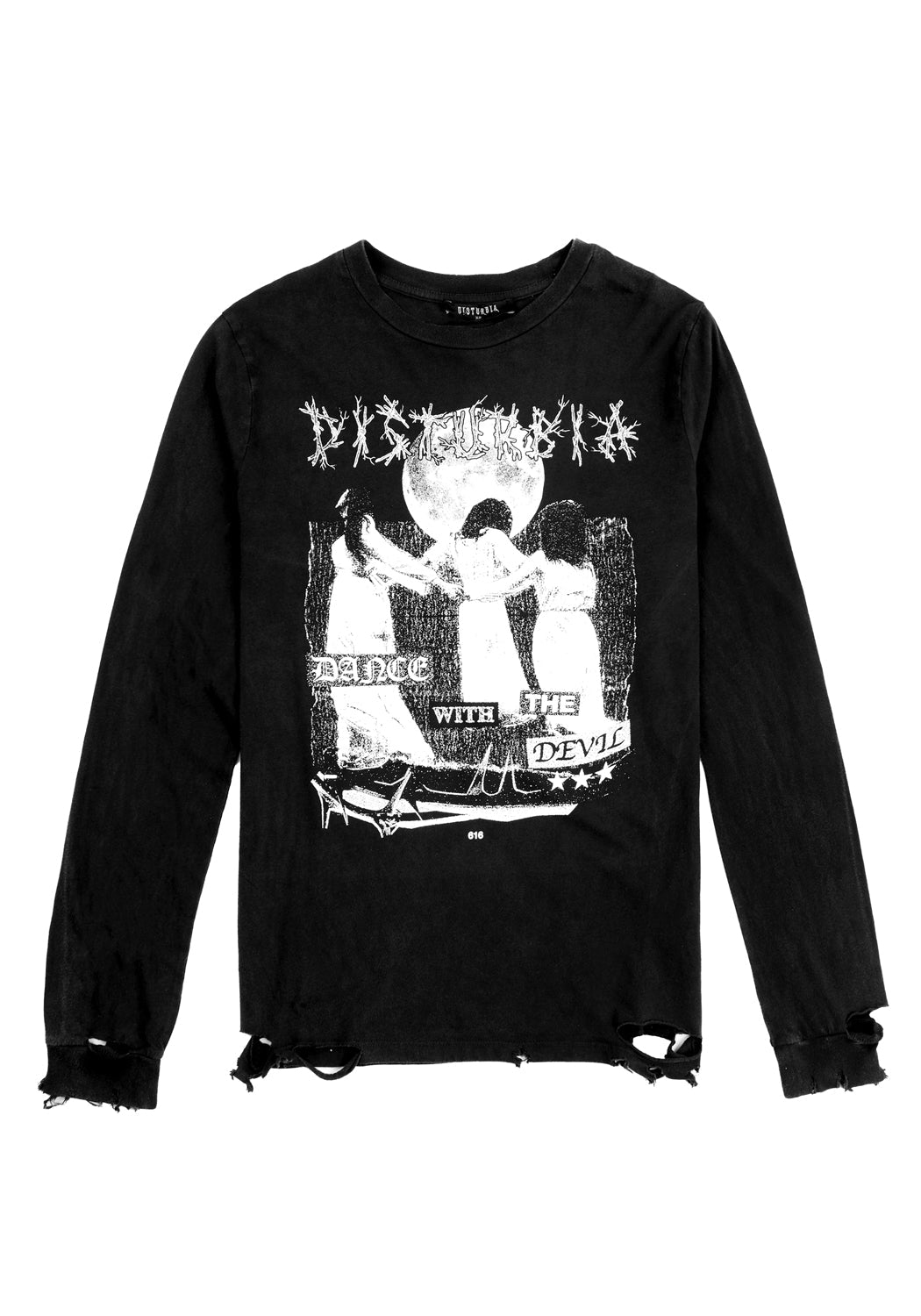 Distressed Graphic Long Sleeve T-Shirt with Occult Print | Dance with the Devil