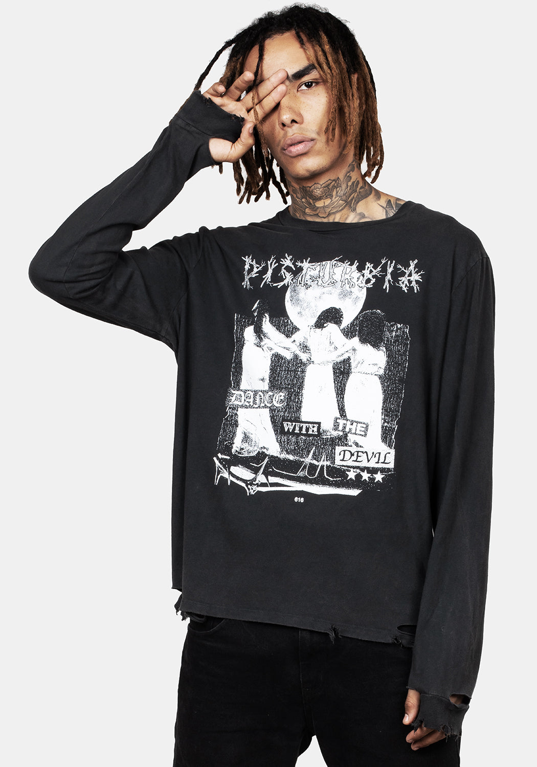 Distressed Graphic Long Sleeve T-Shirt with Occult Print | Dance with the Devil