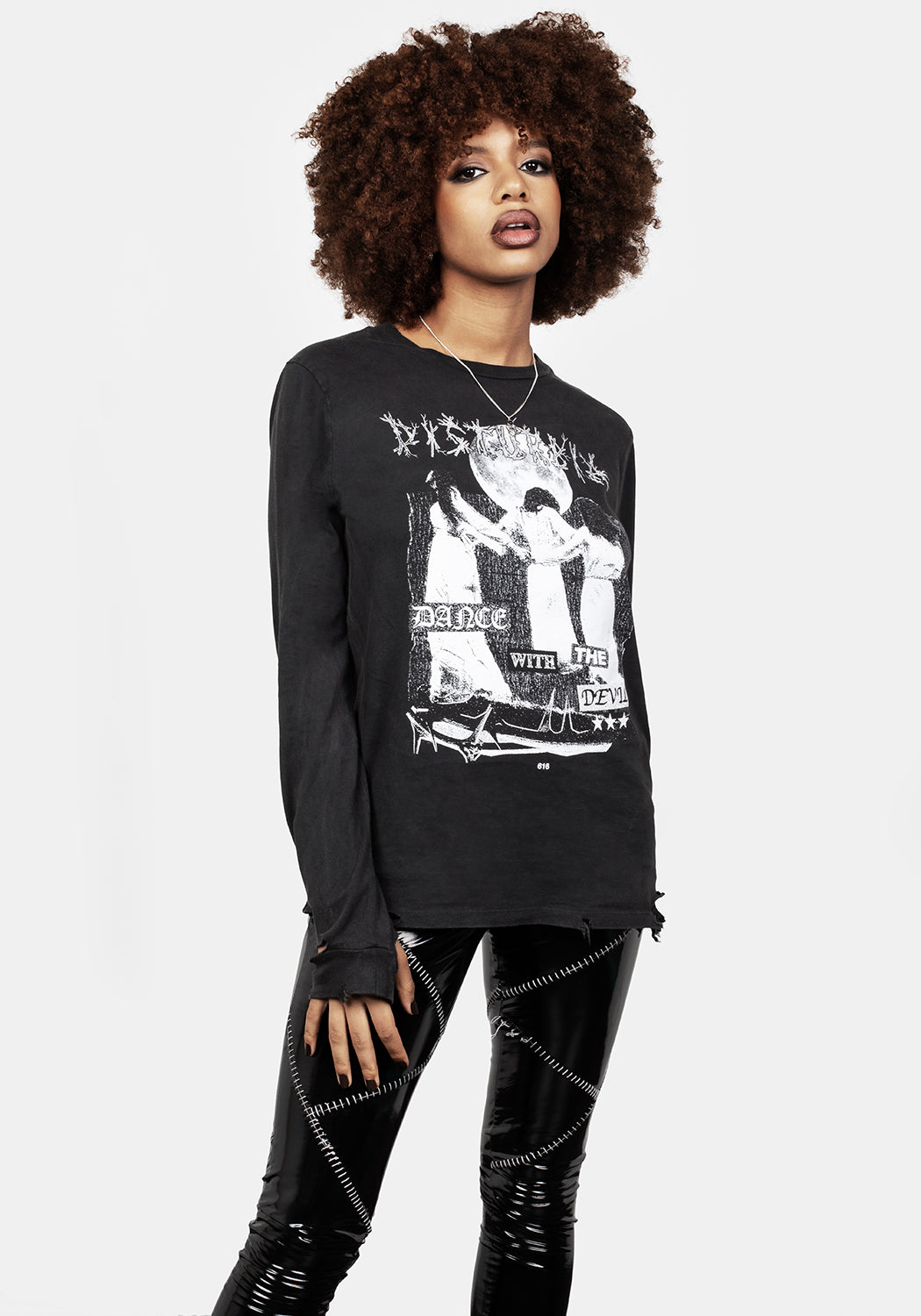 Distressed Graphic Long Sleeve T-Shirt with Occult Print | Dance with the Devil