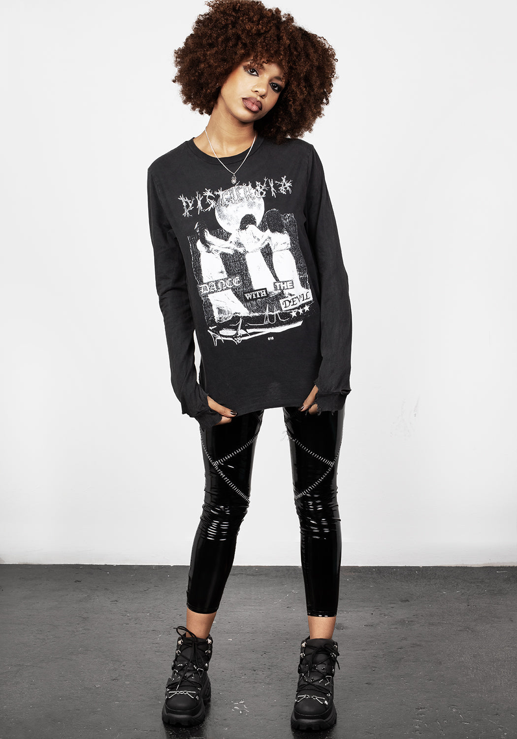 Distressed Graphic Long Sleeve T-Shirt with Occult Print | Dance with the Devil