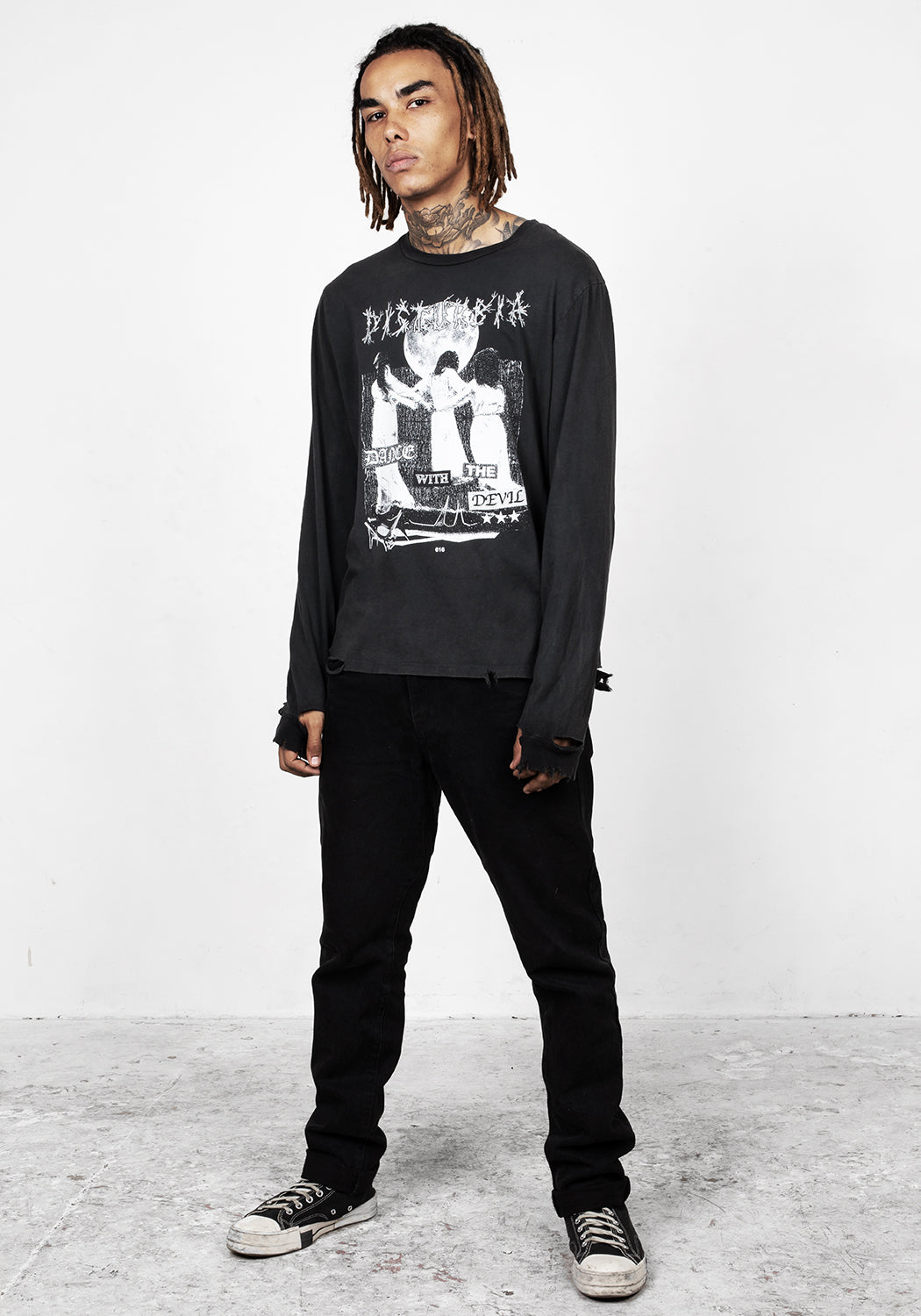 Distressed Graphic Long Sleeve T-Shirt with Occult Print | Dance with the Devil