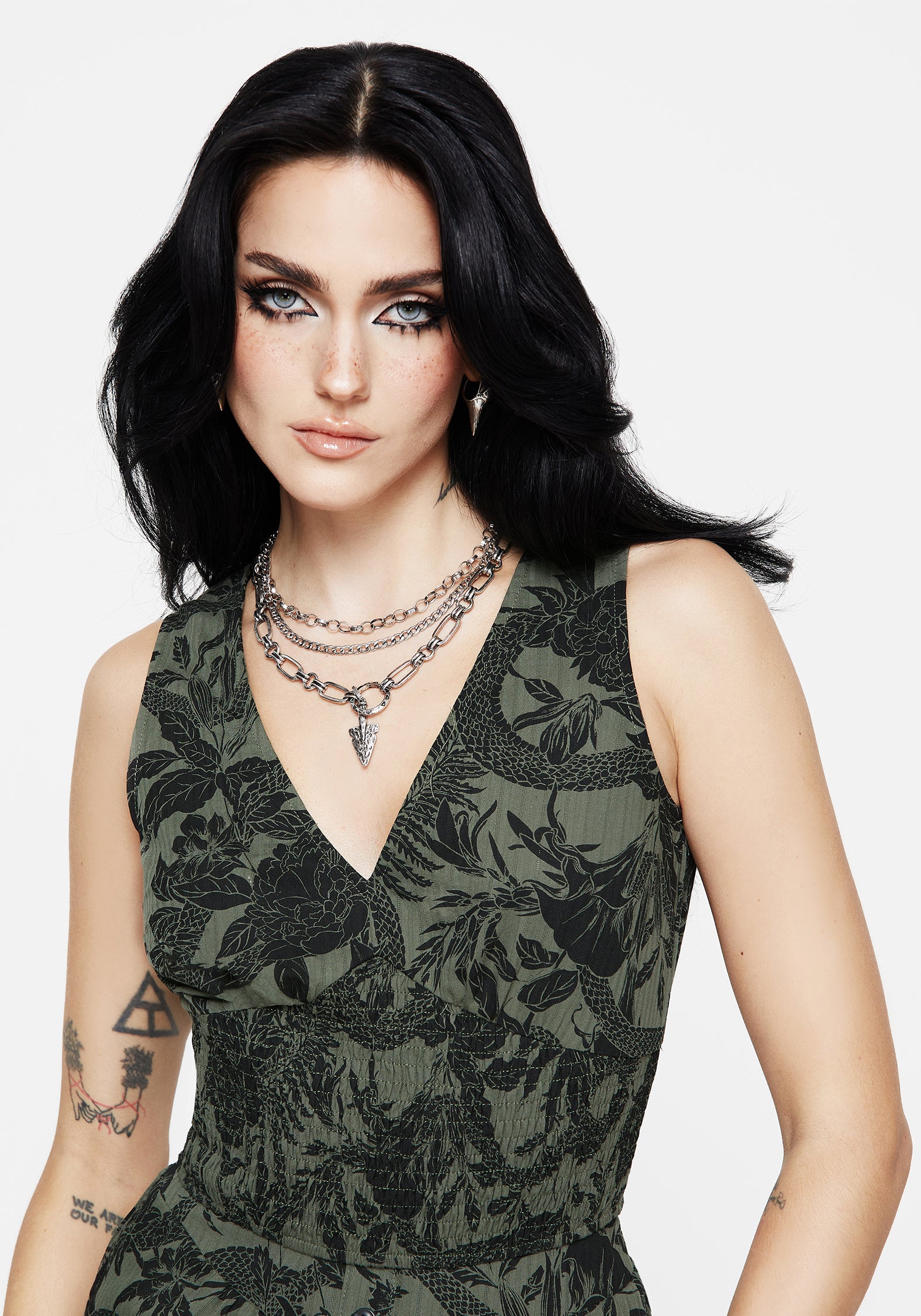 Green Cotton Tank Top with Snake & Floral Print | Bashe