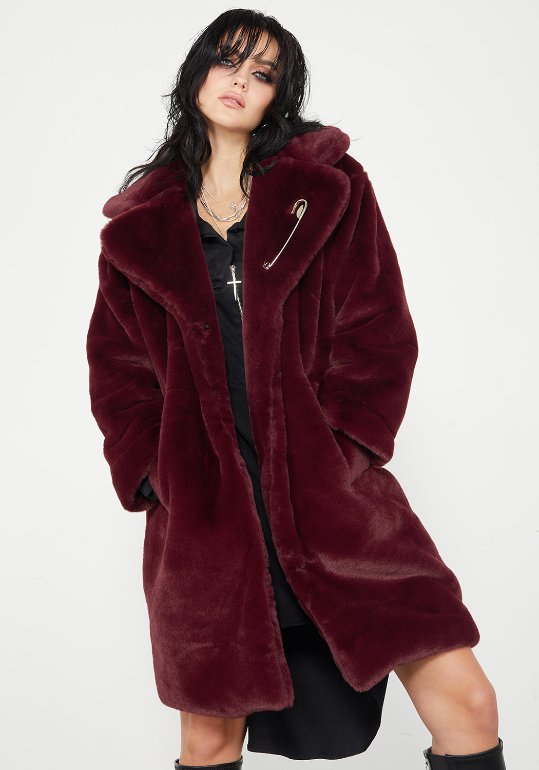 Plum Faux Fur Oversized Coat with Safety Pin | Creature