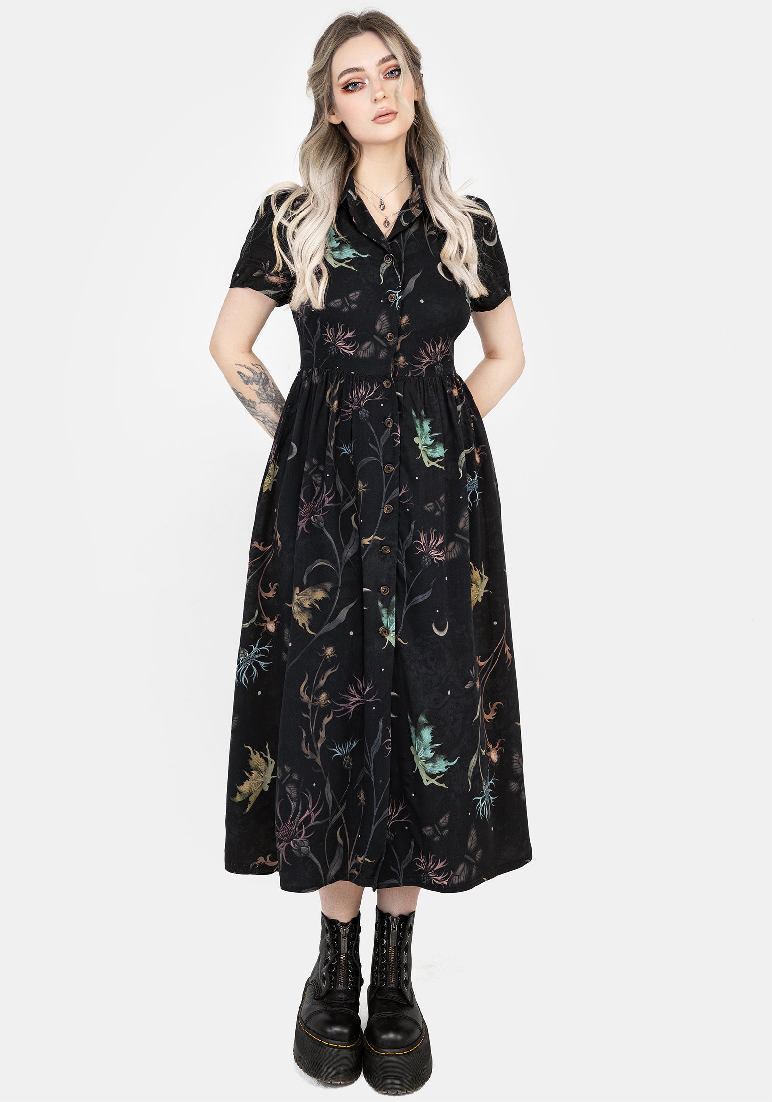 Floral Print Midi Shirt Dress with Pockets | Rosanella