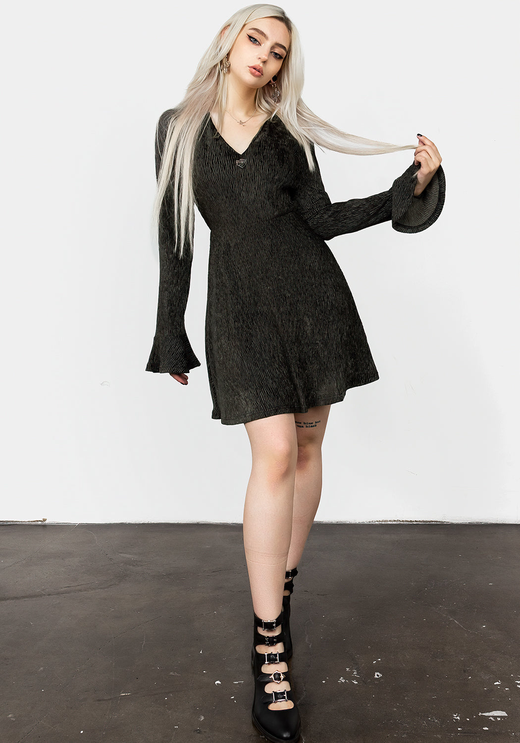 Grey Velour Mini Dress with V-Neck & Flared Skirt | Amy
