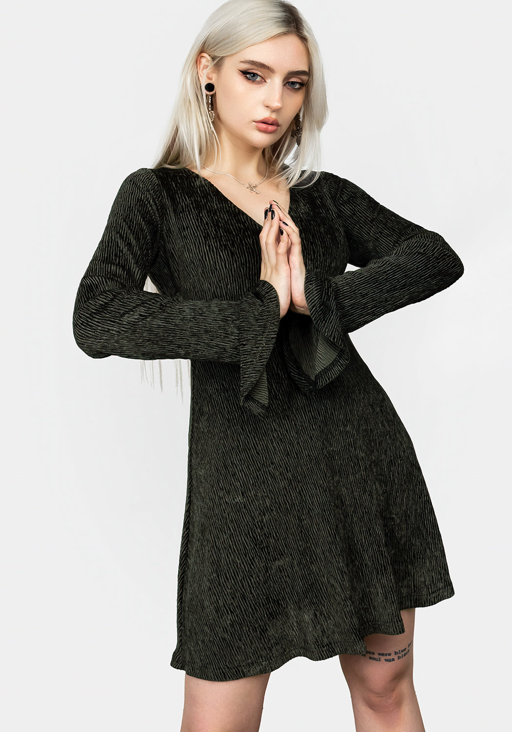 Grey Velour Mini Dress with V-Neck & Flared Skirt | Amy