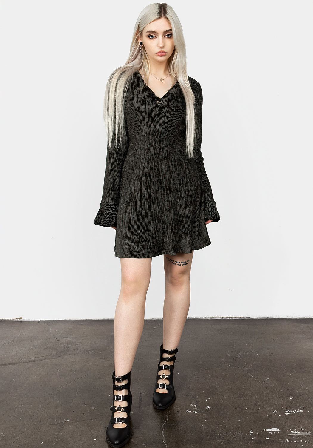 Grey Velour Mini Dress with V-Neck & Flared Skirt | Amy