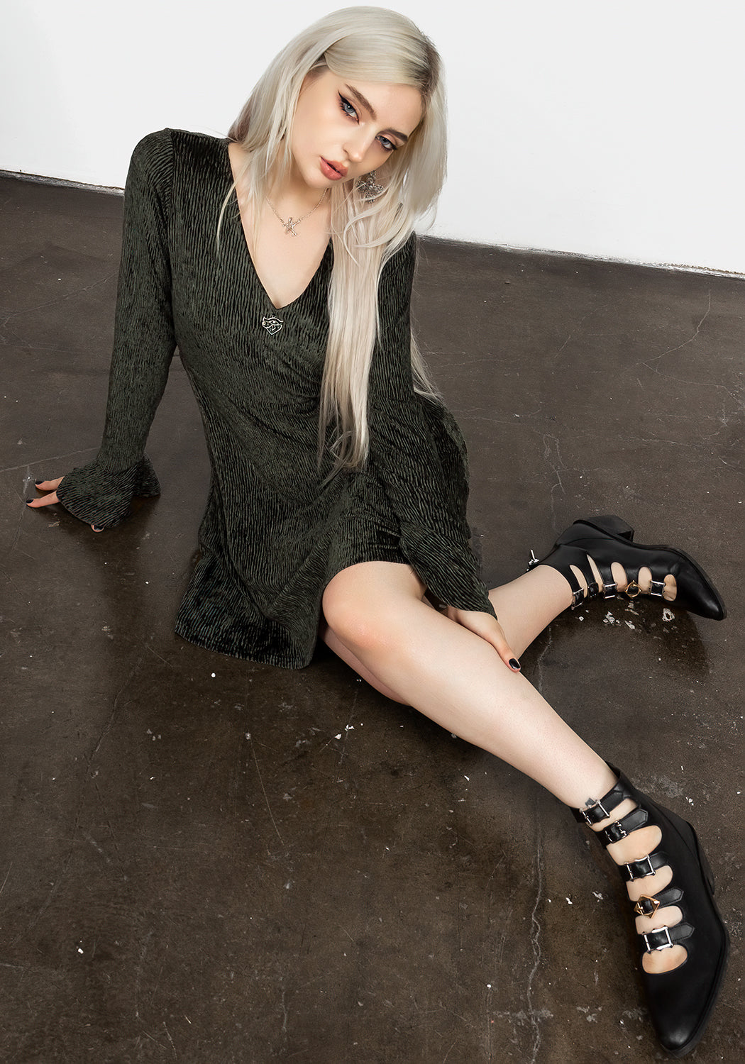 Grey Velour Mini Dress with V-Neck & Flared Skirt | Amy