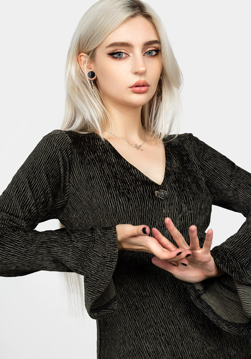 Grey Velour Mini Dress with V-Neck & Flared Skirt | Amy