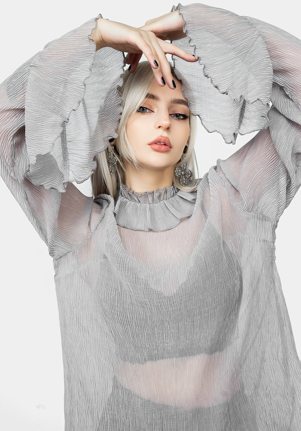 Grey Sheer Ruffle Top with High Neck & Lettuce Hems | Rey