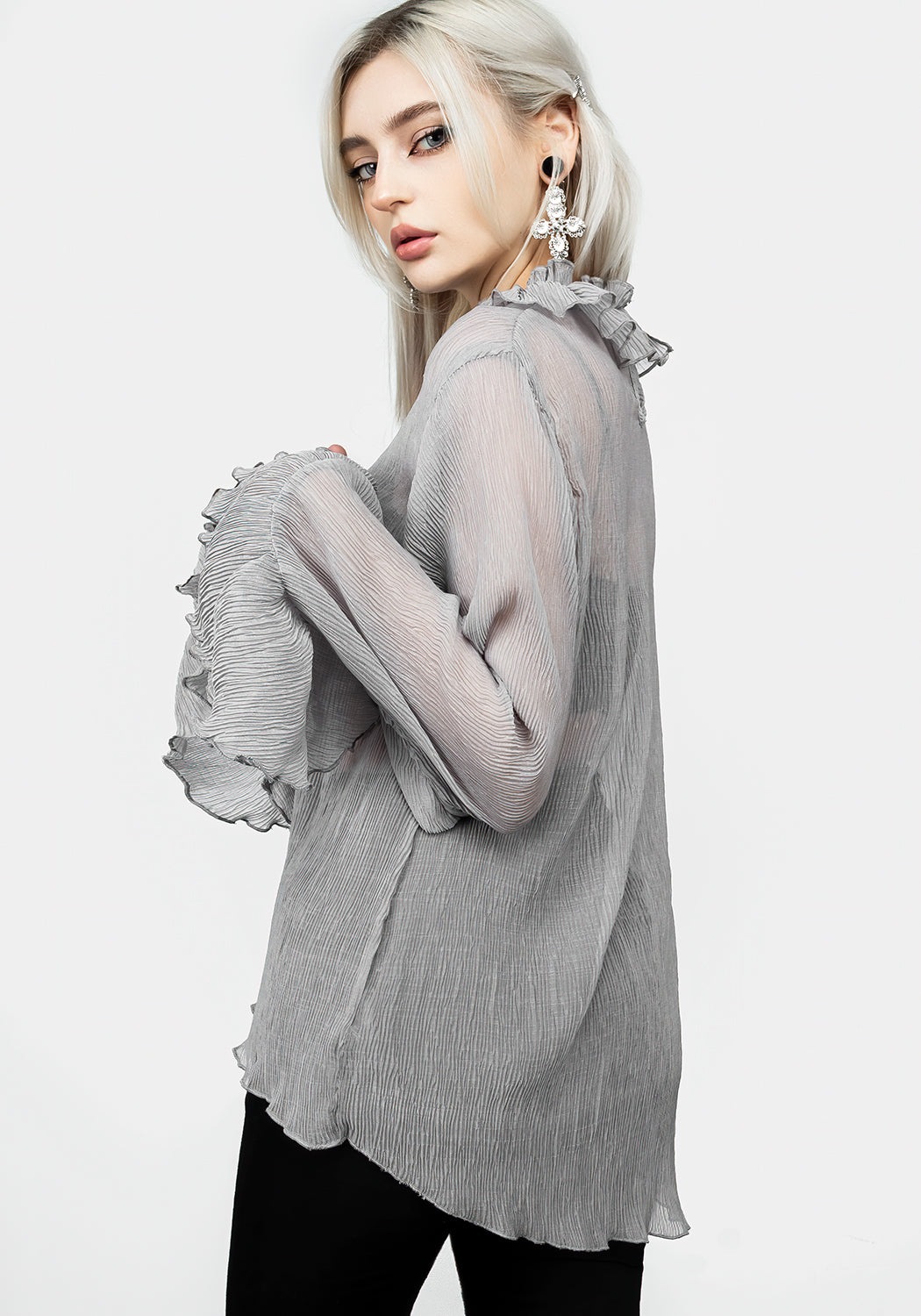 Grey Sheer Ruffle Top with High Neck & Lettuce Hems | Rey