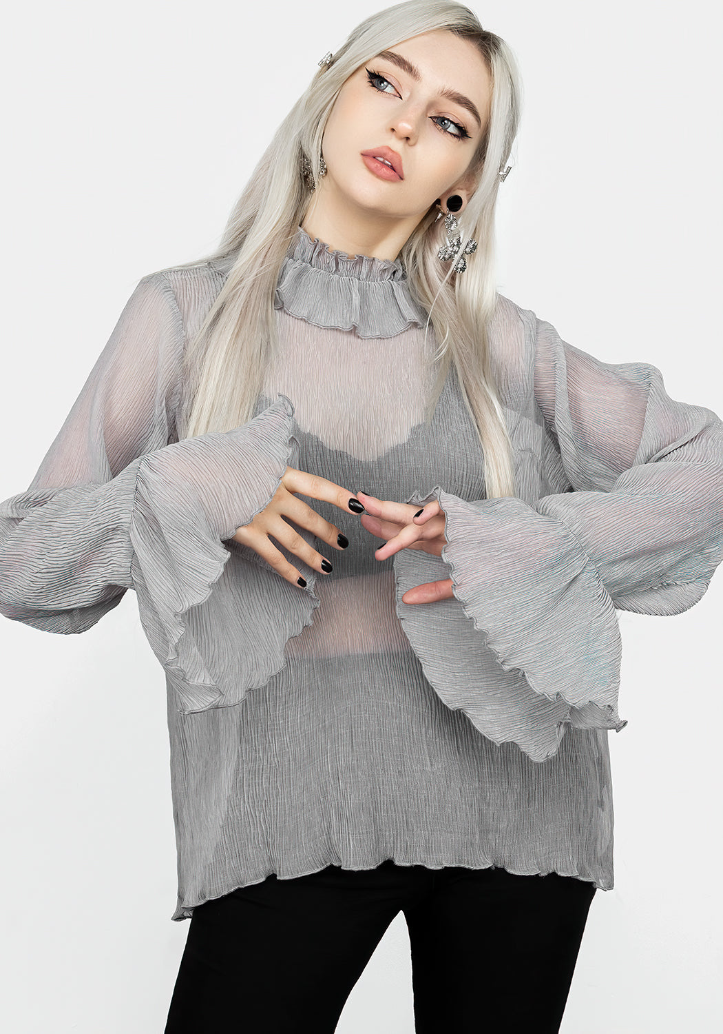Grey Sheer Ruffle Top with High Neck & Lettuce Hems | Rey