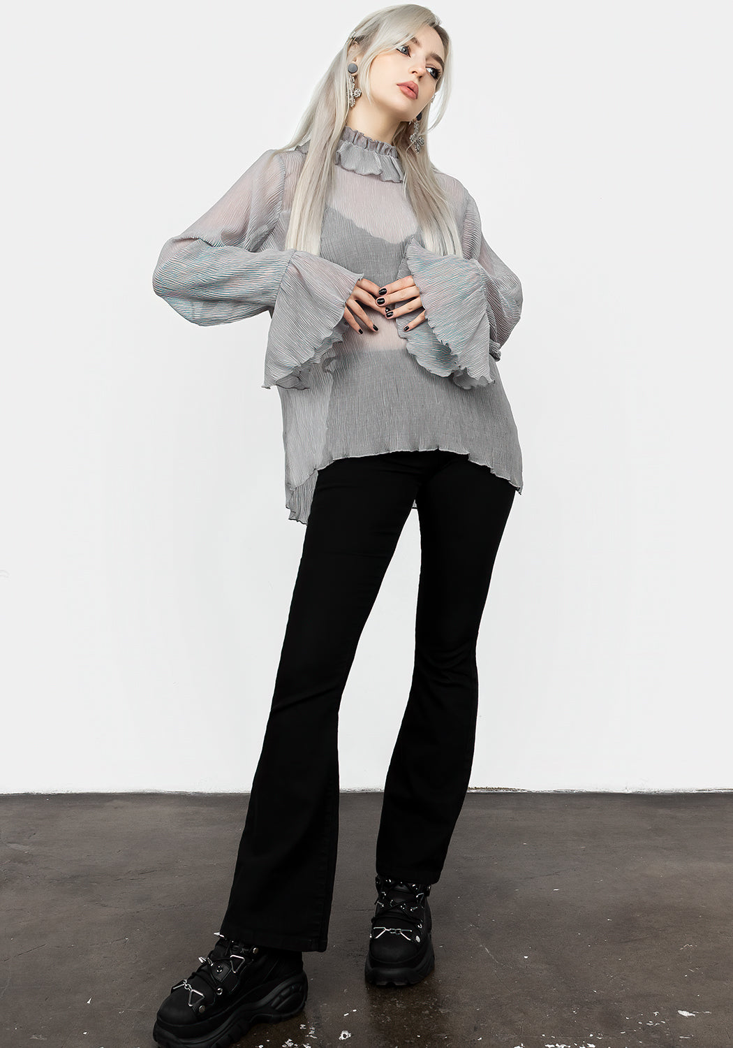 Grey Sheer Ruffle Top with High Neck & Lettuce Hems | Rey