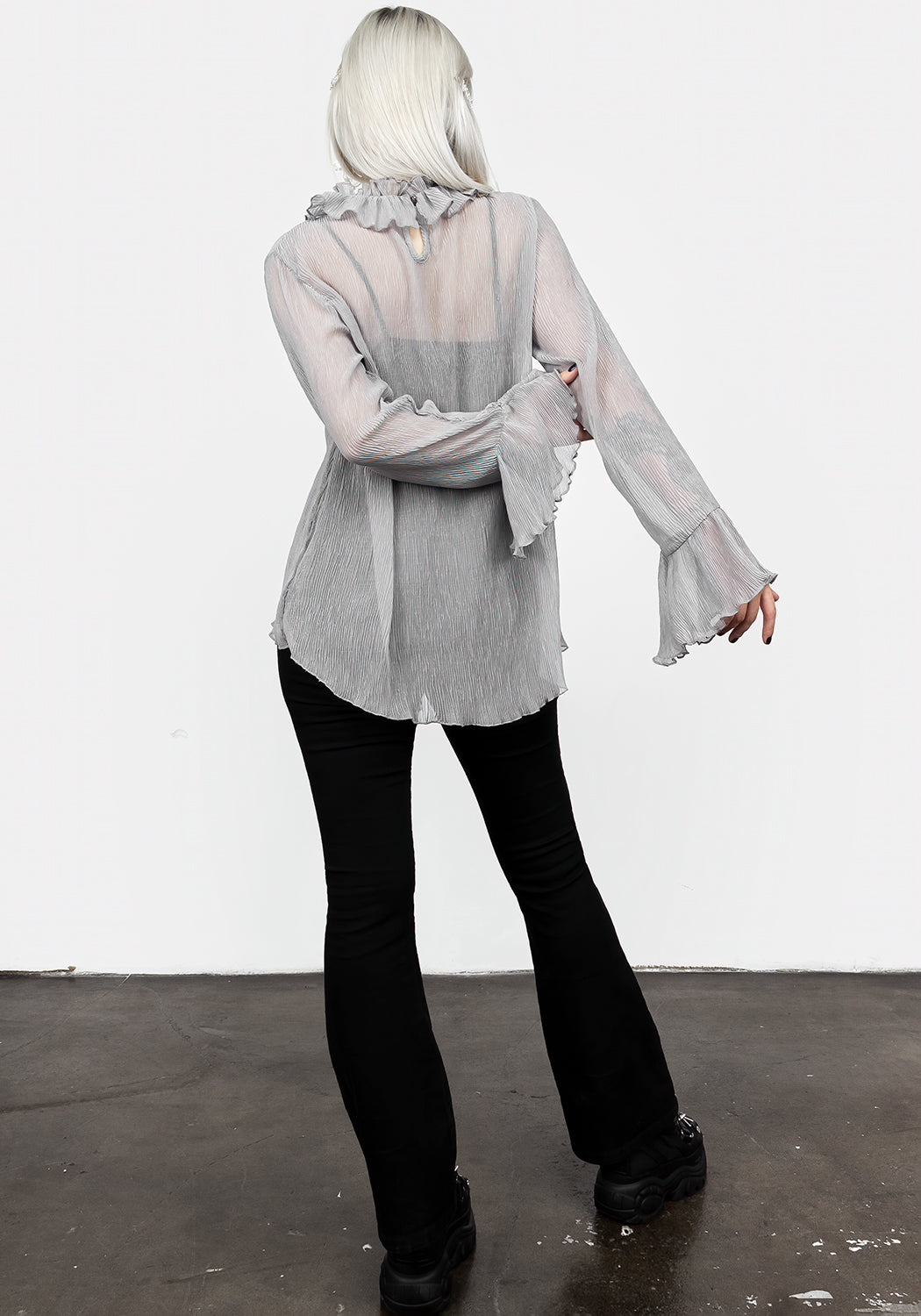 Grey Sheer Ruffle Top with High Neck & Lettuce Hems | Rey