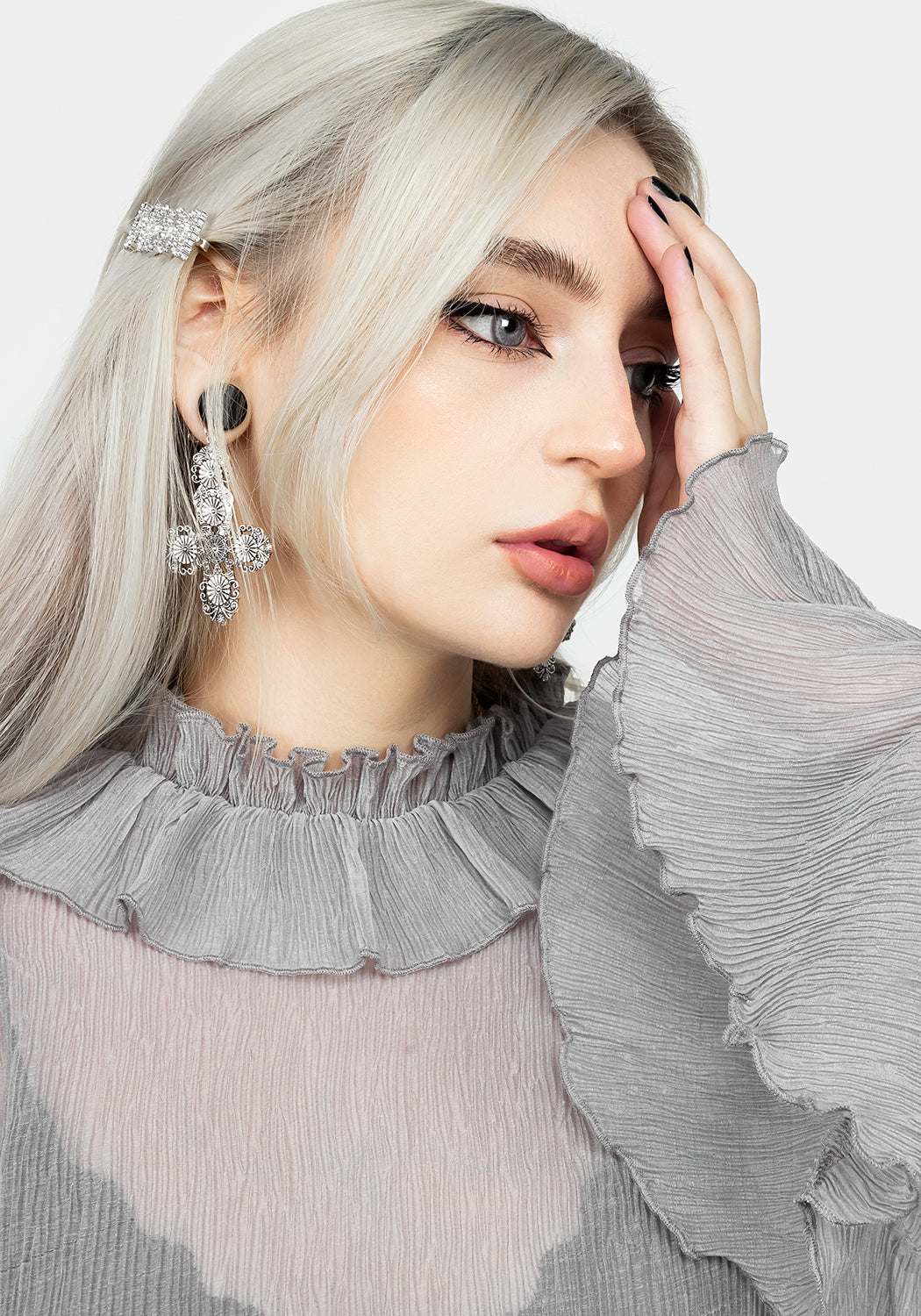 Grey Sheer Ruffle Top with High Neck & Lettuce Hems | Rey