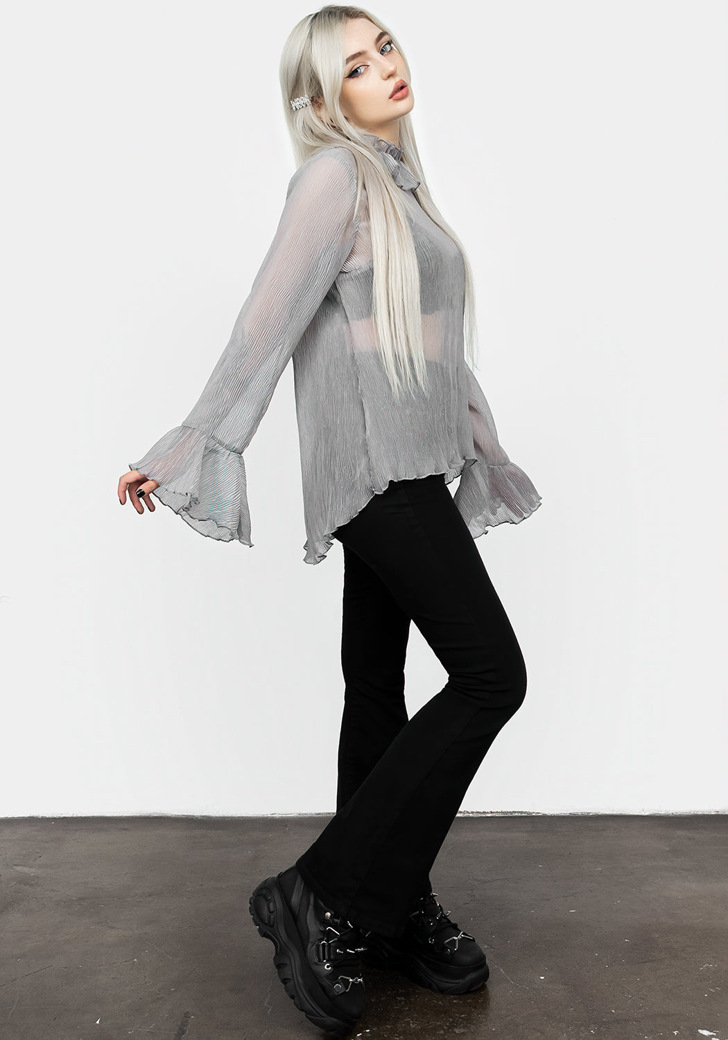 Grey Sheer Ruffle Top with High Neck & Lettuce Hems | Rey