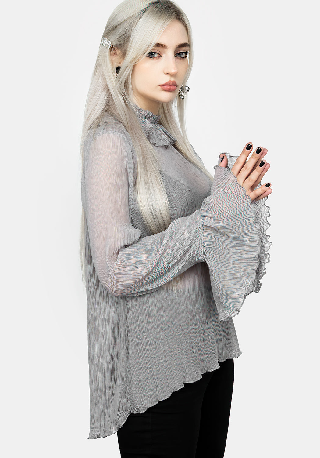 Grey Sheer Ruffle Top with High Neck & Lettuce Hems | Rey
