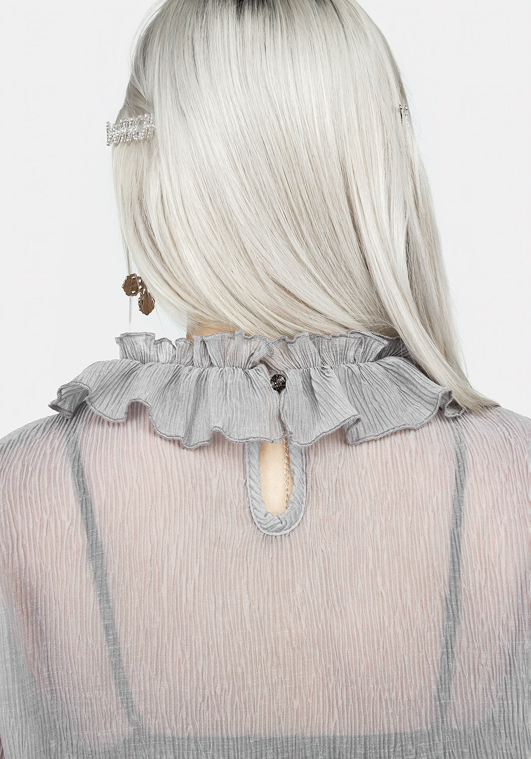 Grey Sheer Ruffle Top with High Neck & Lettuce Hems | Rey