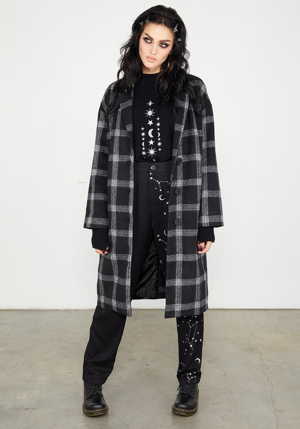 Black & Grey Check Duster Coat with Notched Lapel | Effy