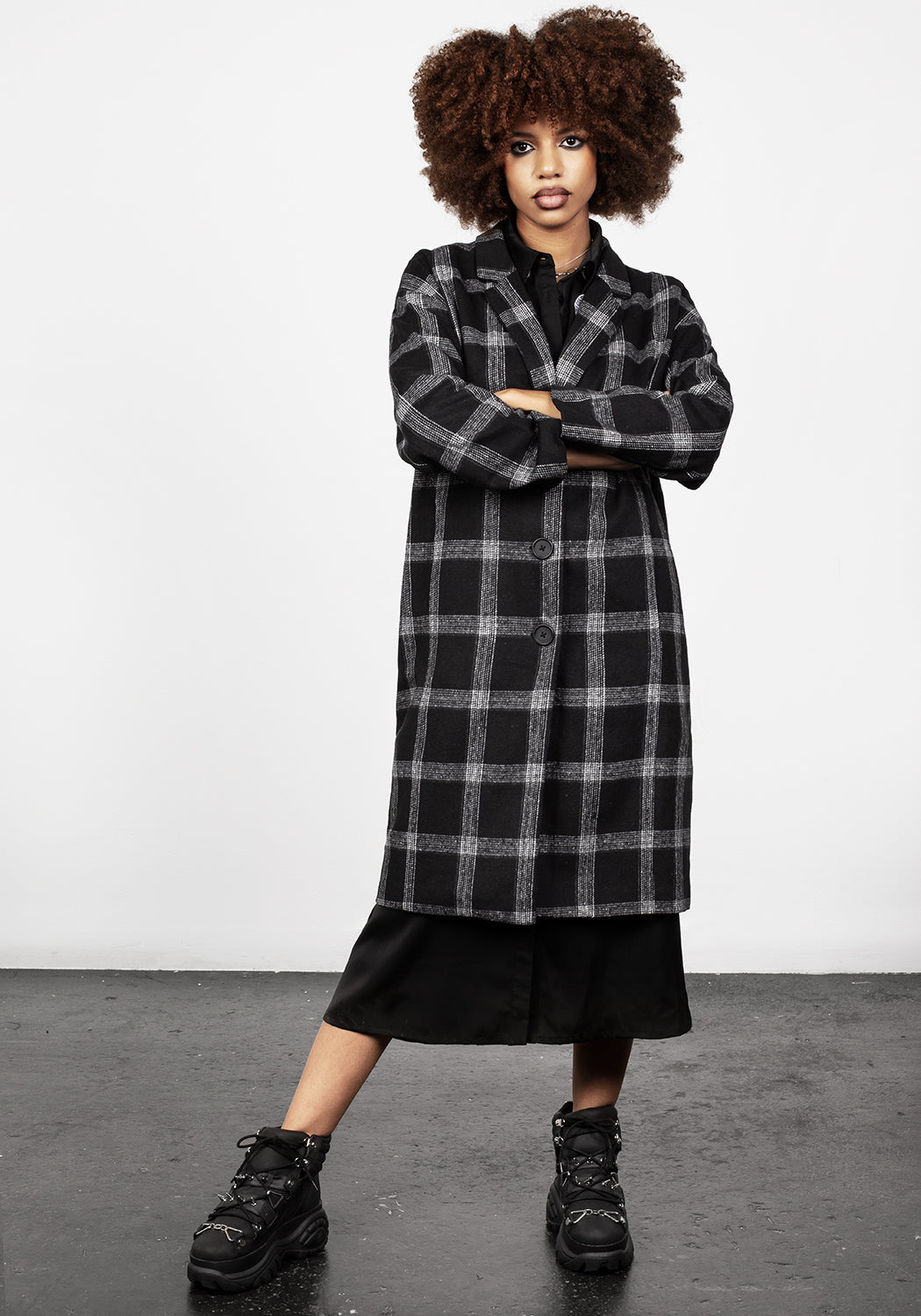 Black & Grey Check Duster Coat with Notched Lapel | Effy